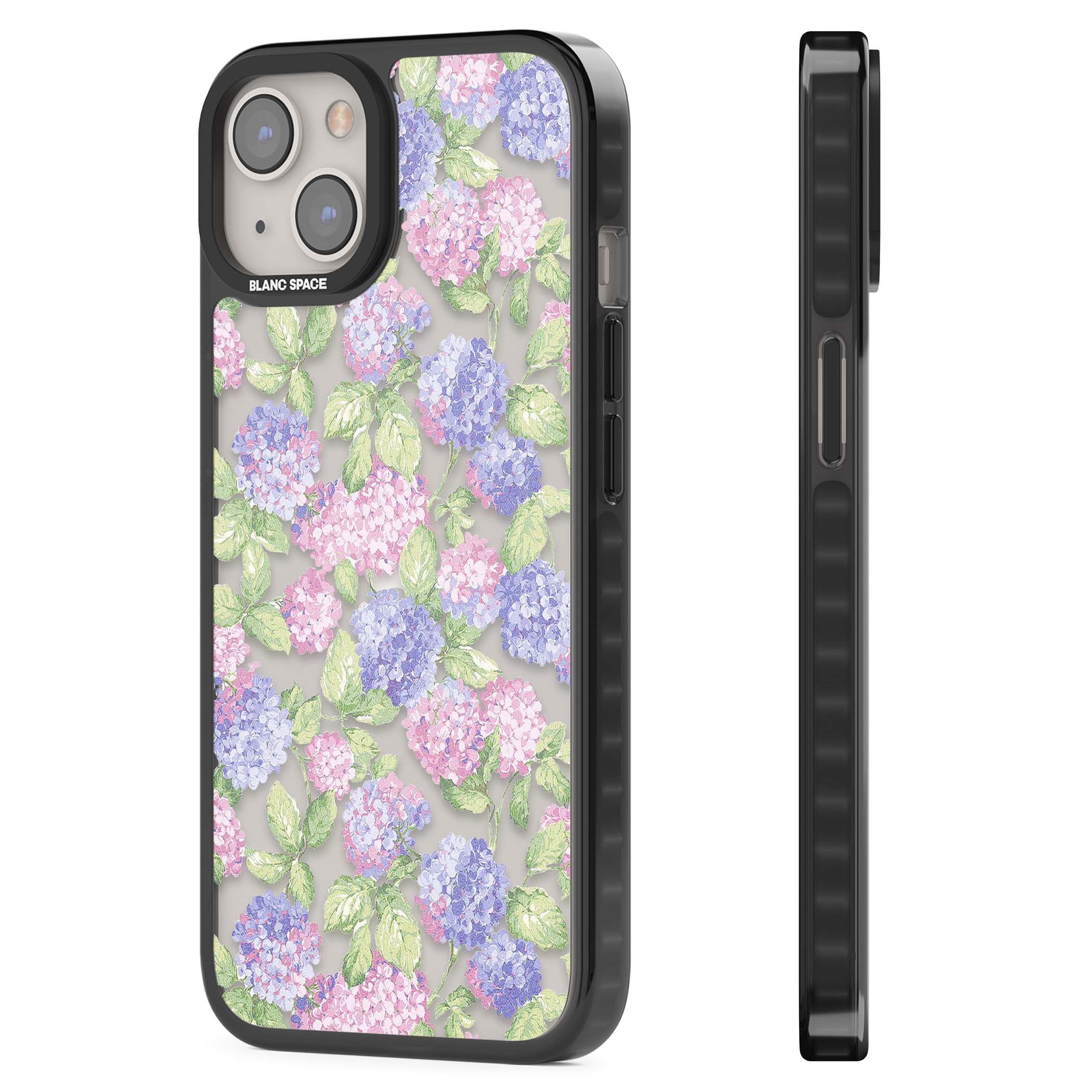 Cottage Hydrangea cottagecore iPhone case featuring pink and purple hydrangea blooms with green leaves on a clear background | Black Impact case for iPhone 13, iPhone 14, iPhone 15