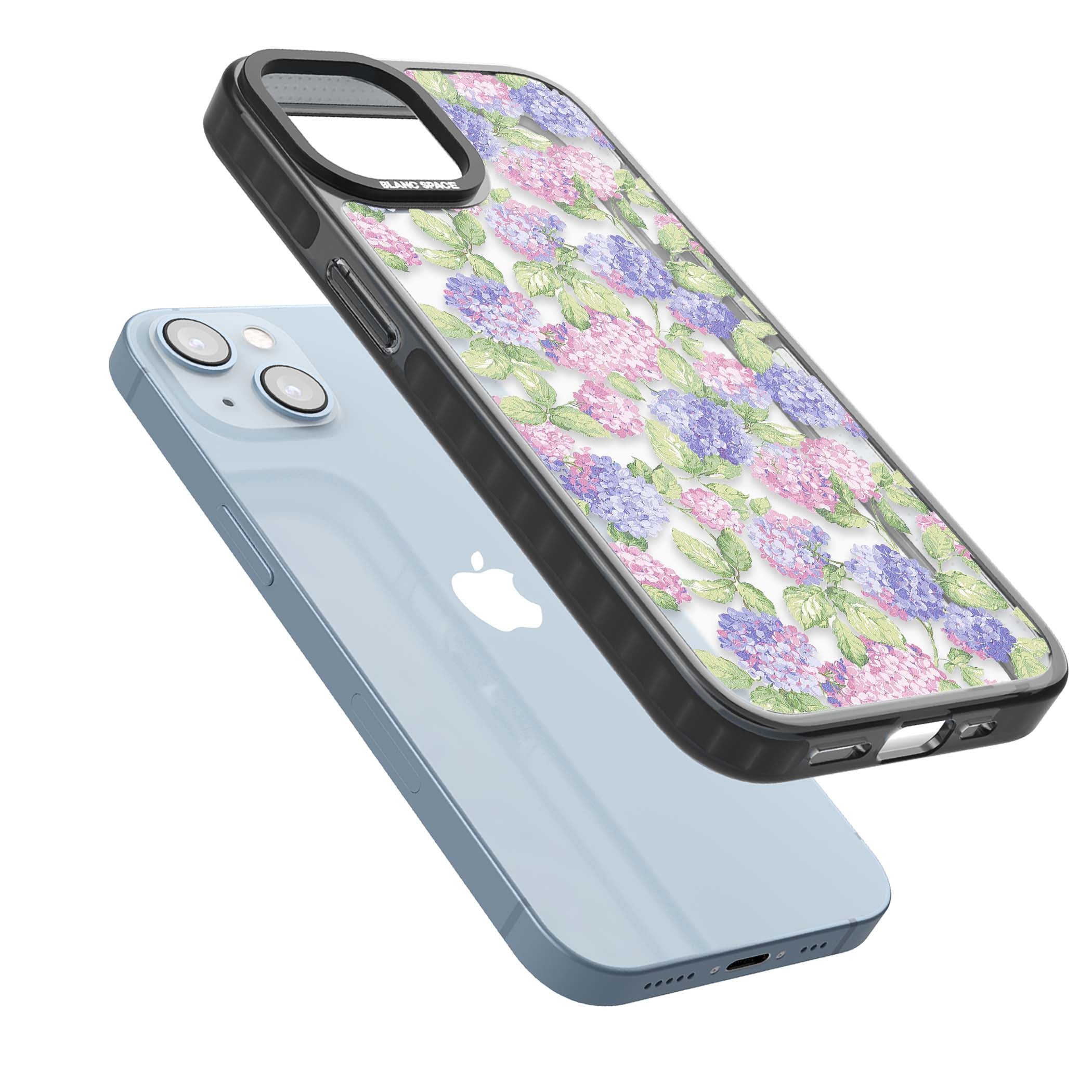 Cottage Hydrangea cottagecore iPhone case featuring pink and purple hydrangea blooms with green leaves on a clear background | Black Impact case for iPhone 13, iPhone 14, iPhone 15