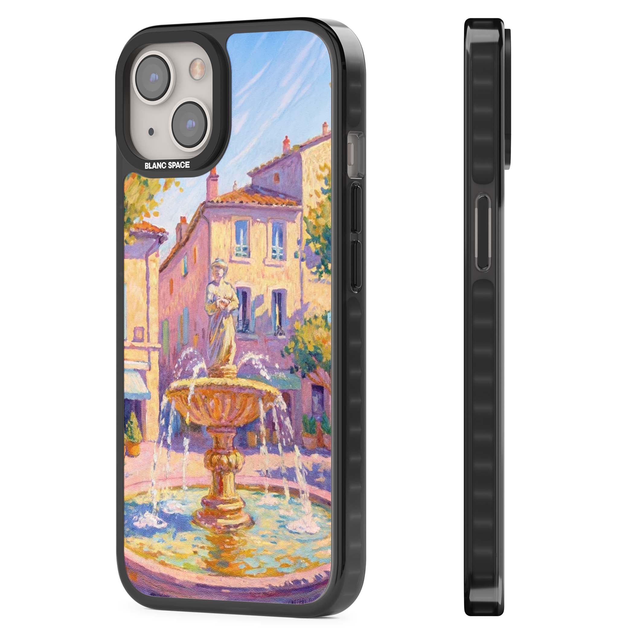 Fountain Square fine art iPhone case featuring an impressionist Provençal fountain, pastel village buildings and summe | Black Impact case for iPhone 13, iPhone 14, iPhone 15