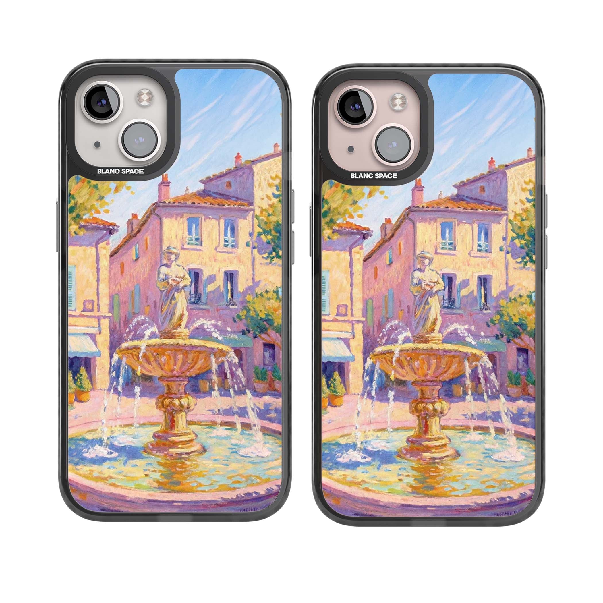 Fountain Square fine art iPhone case featuring an impressionist Provençal fountain, pastel village buildings and summe | Black Impact case for iPhone 13, iPhone 14, iPhone 15