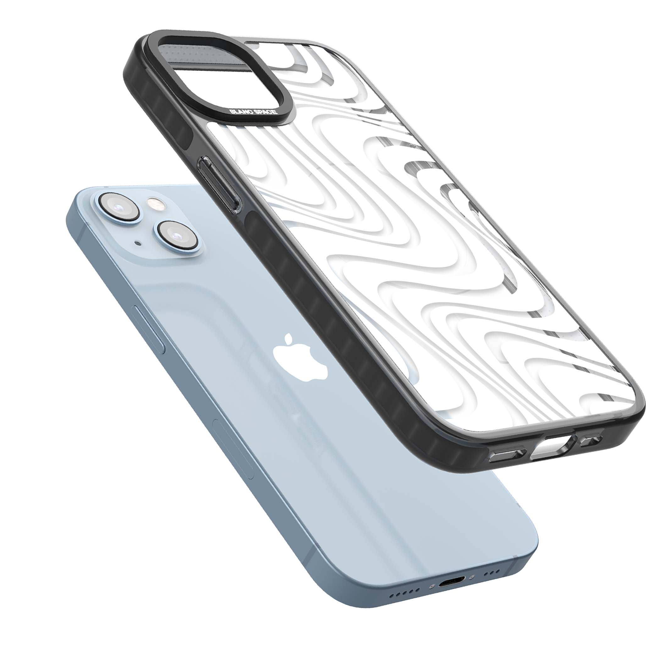 White Abstract Waves abstract iPhone case featuring flowing grey wave pattern on clear background | Black Impact Magsafe case for iPhone 13, iPhone 14, iPhone 15