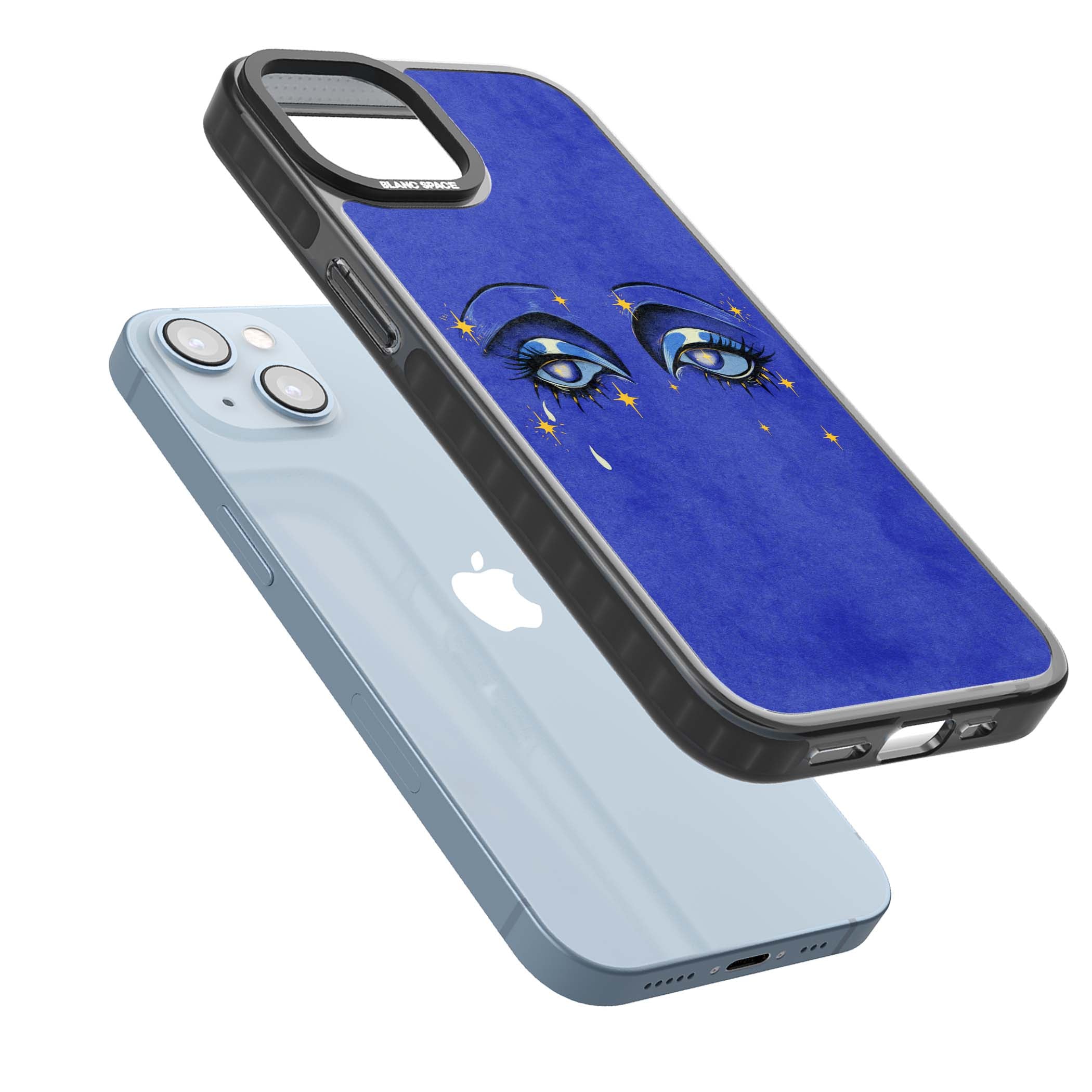 Blue Mystic Eyes celestial iPhone case featuring hand drawn blue mystical eyes, golden stars and a painted tear on indigo | Black Impact Magsafe case for iPhone 13, iPhone 14, iPhone 15