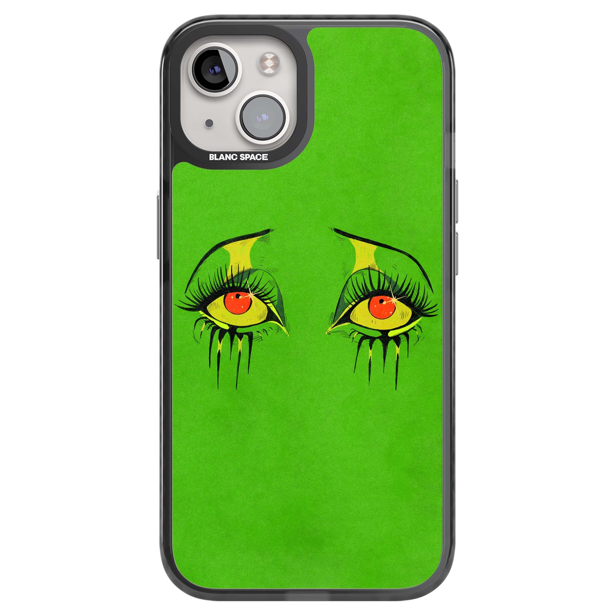 Green Enchanted Eyes psychedelic art iPhone case featuring hand-drawn dripping eyes on neon green background | Black Impact Magsafe case for iPhone 13, iPhone 14, iPhone 15