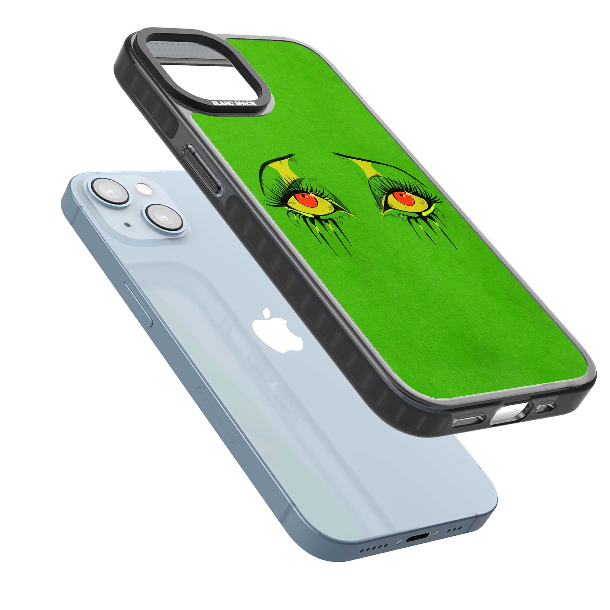 Green Enchanted Eyes psychedelic art iPhone case featuring hand-drawn dripping eyes on neon green background | Black Impact Magsafe case for iPhone 13, iPhone 14, iPhone 15