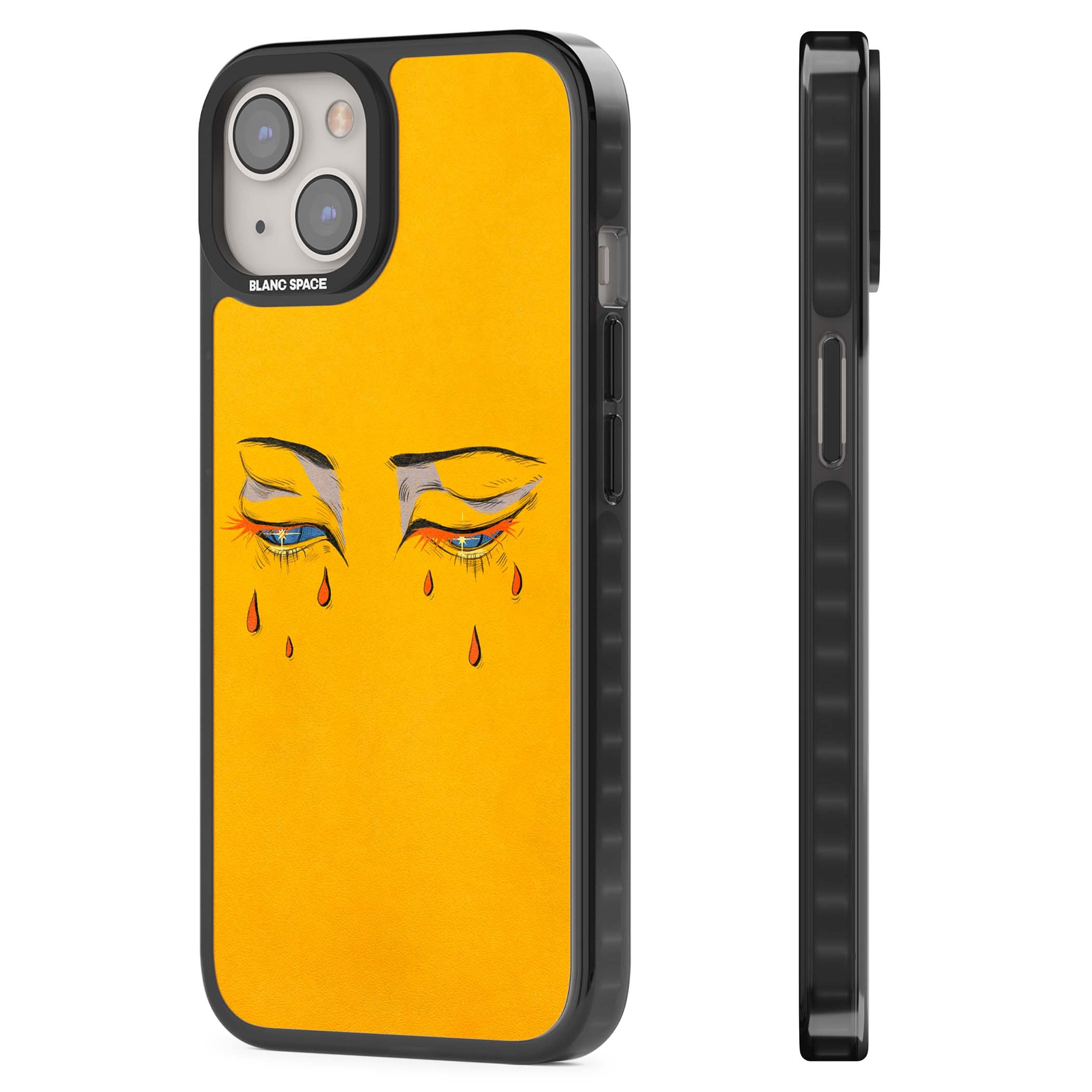 Yellow Tearful Eyes indie iPhone case featuring hand-drawn crying eyes with orange tears on a yellow background | Black Impact Magsafe case for iPhone 13, iPhone 14, iPhone 15