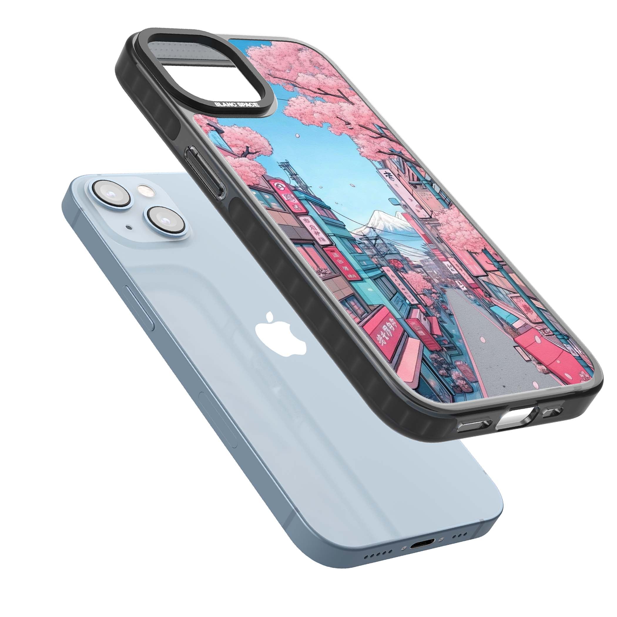 Sakura Lane anime iPhone case featuring Tokyo street scene with cherry blossoms and Mount Fuji | Black Impact Magsafe case for iPhone 13, iPhone 14, iPhone 15