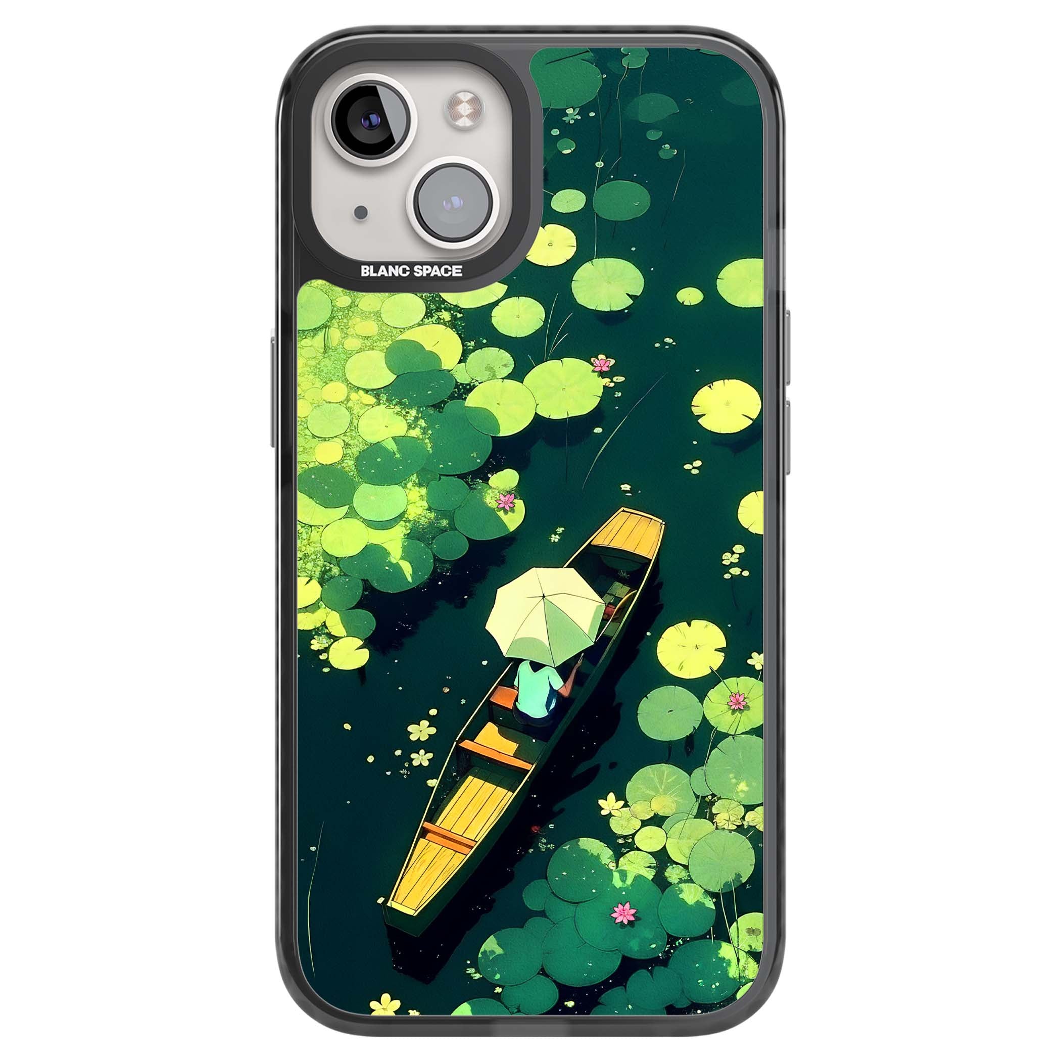 Jade Waters cottagecore iPhone case featuring a painted lily pond, wooden boat with parasol and floating water lilies | Black Impact Magsafe case for iPhone 13, iPhone 14, iPhone 15