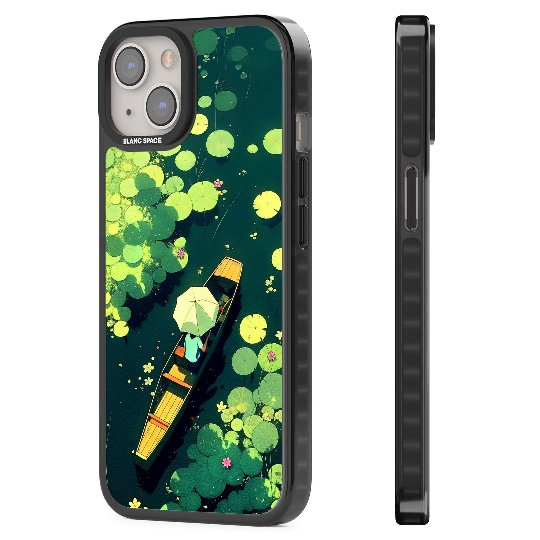 Jade Waters cottagecore iPhone case featuring a painted lily pond, wooden boat with parasol and floating water lilies | Black Impact Magsafe case for iPhone 13, iPhone 14, iPhone 15