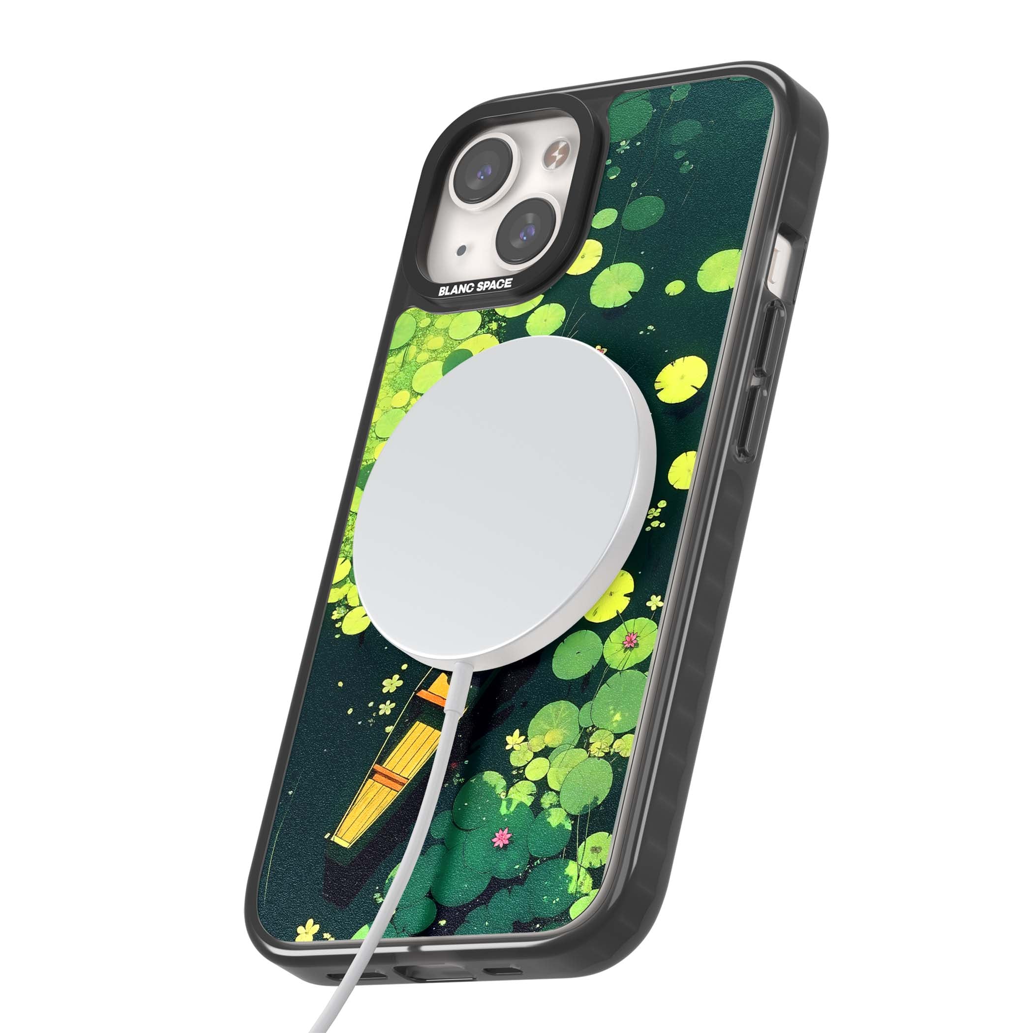 Jade Waters cottagecore iPhone case featuring a painted lily pond, wooden boat with parasol and floating water lilies | Black Impact Magsafe case for iPhone 13, iPhone 14, iPhone 15