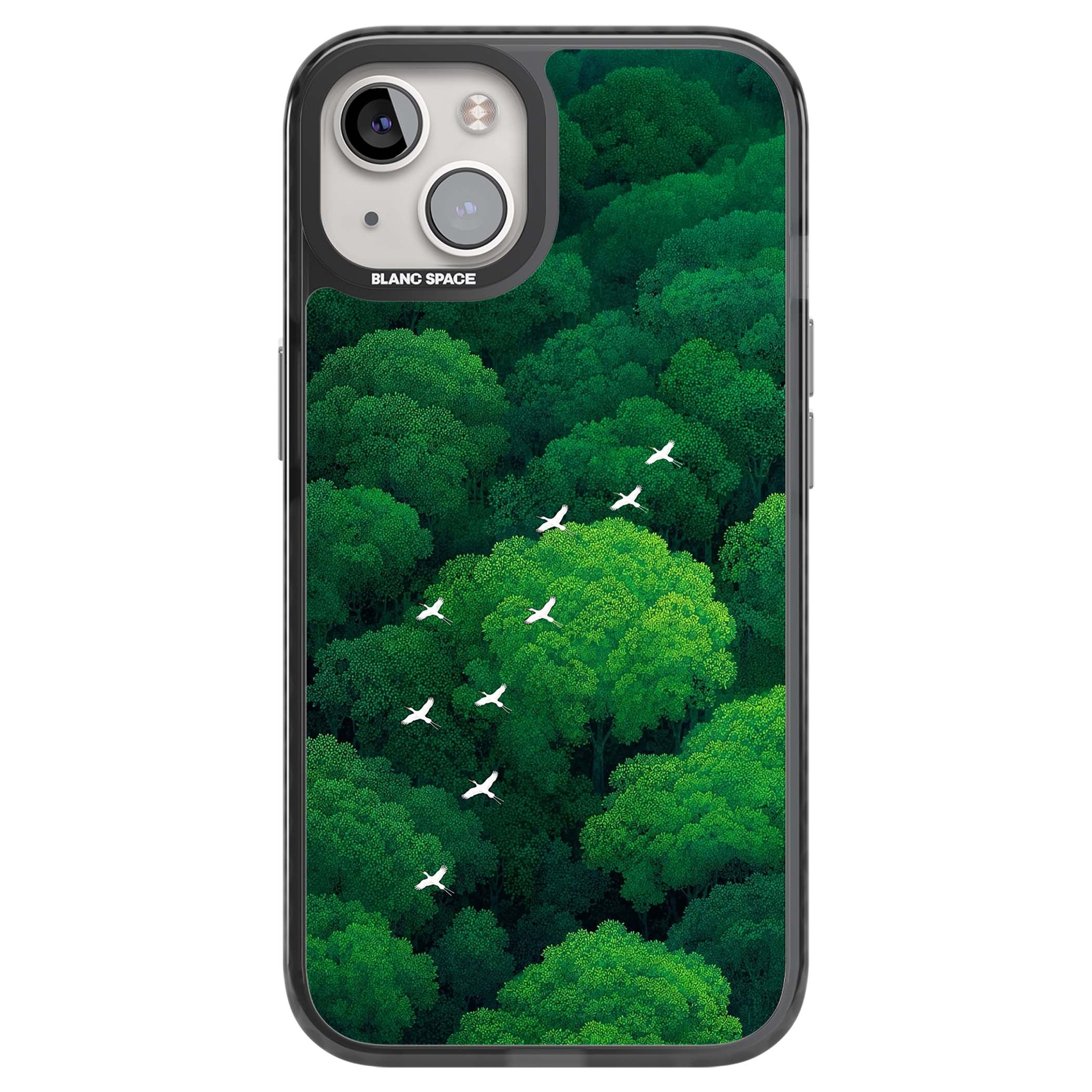 Grove Migration forest iPhone case featuring white cranes flying over lush green treetop canopy | Black Impact Magsafe case for iPhone 13, iPhone 14, iPhone 15
