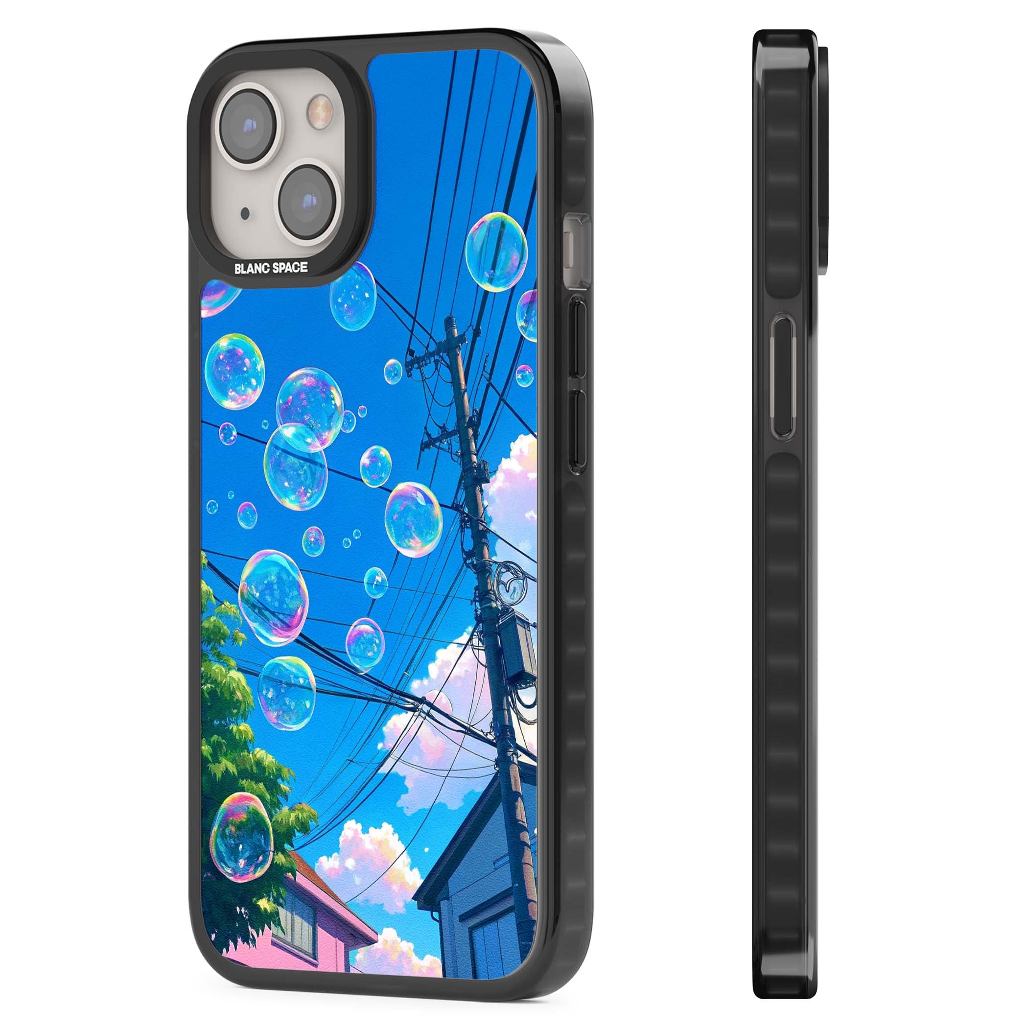 Suburban Bubbles anime iPhone case featuring iridescent soap bubbles, blue sky and Japanese telephone wires | Black Impact Magsafe case for iPhone 13, iPhone 14, iPhone 15
