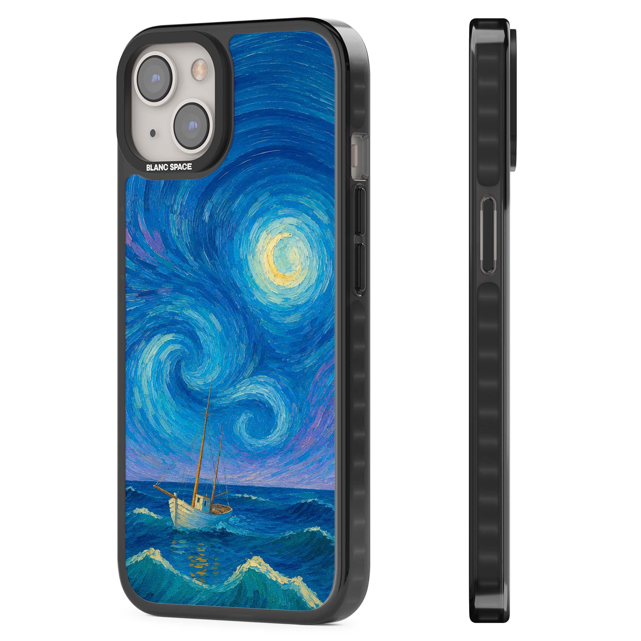 Moonlit Tide Van Gogh art iPhone case featuring swirling starry night sky, glowing moon and lone sailing boat at sea | Black Impact Magsafe case for iPhone 13, iPhone 14, iPhone 15