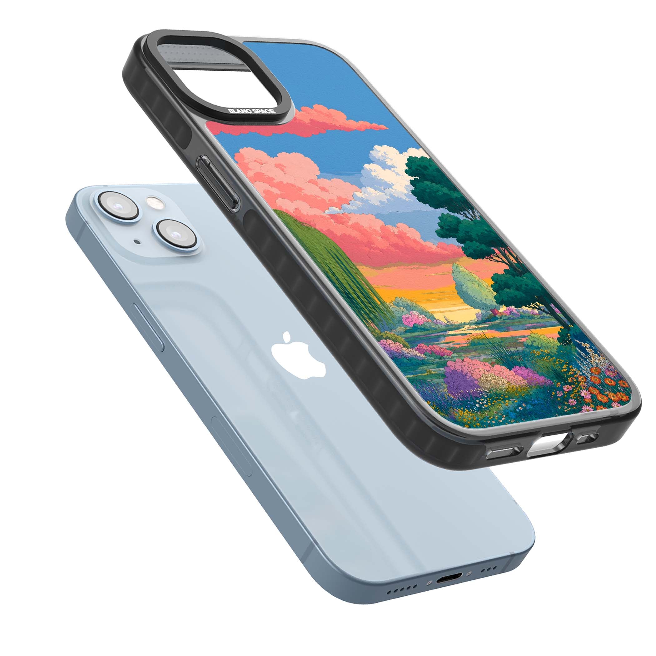Dream Valley anime landscape iPhone case featuring pink sunset clouds, willow trees and wildflowers | Black Impact Magsafe case for iPhone 13, iPhone 14, iPhone 15