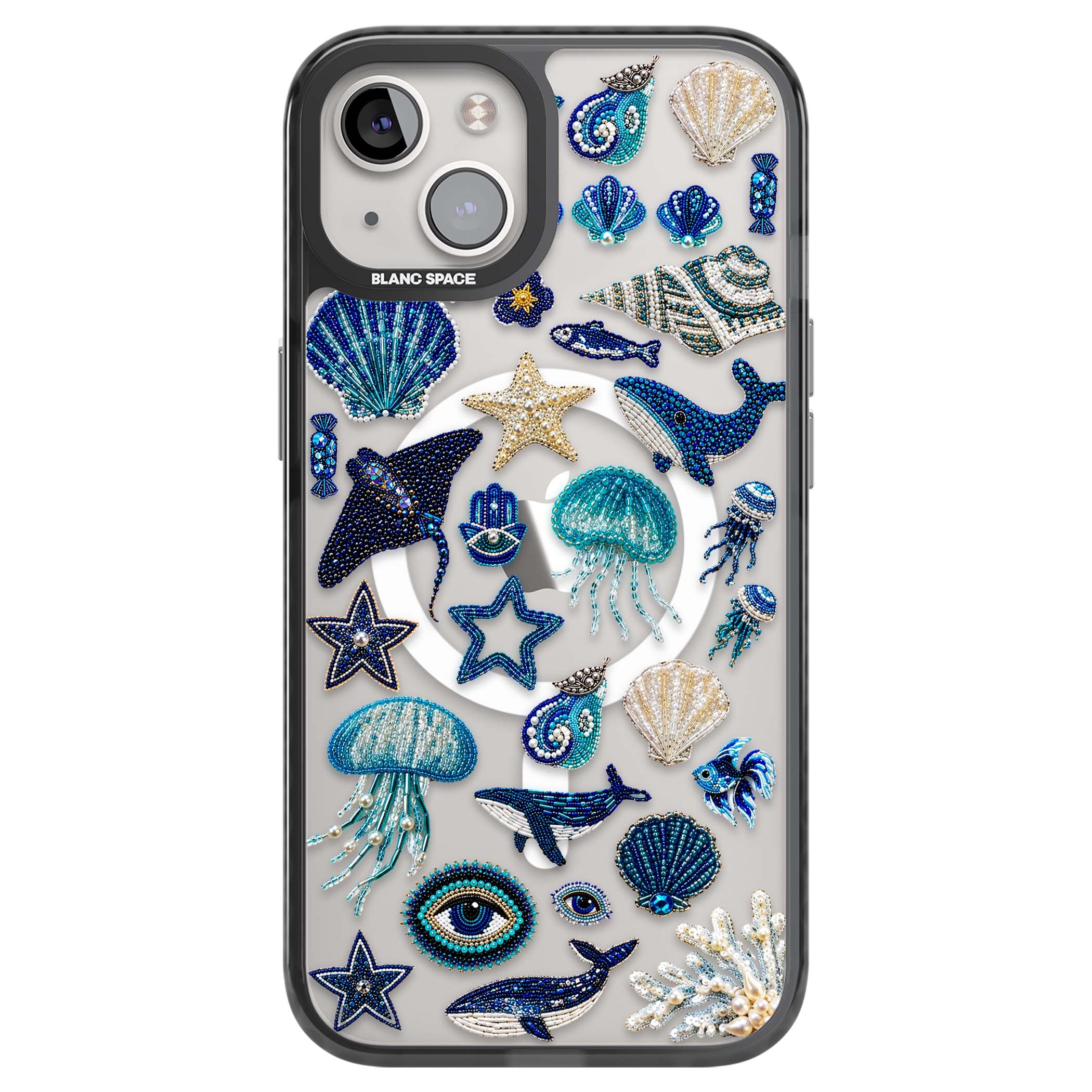 Beaded Coastal coastal iPhone case featuring embroidered seashells, jellyfish and a blue whale on clear | Black Impact Magsafe case for iPhone 13, iPhone 14, iPhone 15