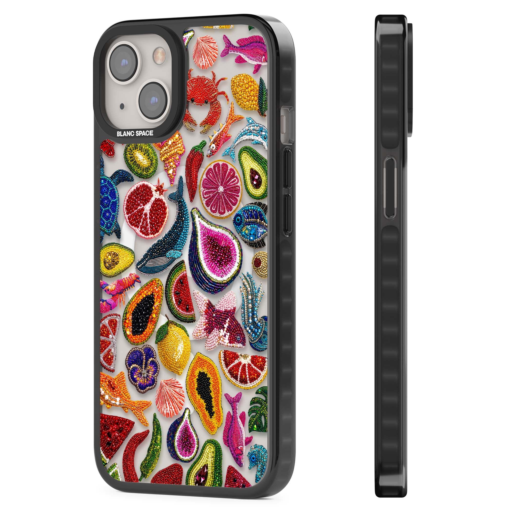 Beaded Tropic tropical iPhone case featuring beaded fruit, fish, crabs and seashells in vibrant colour | Black Impact Magsafe case for iPhone 13, iPhone 14, iPhone 15