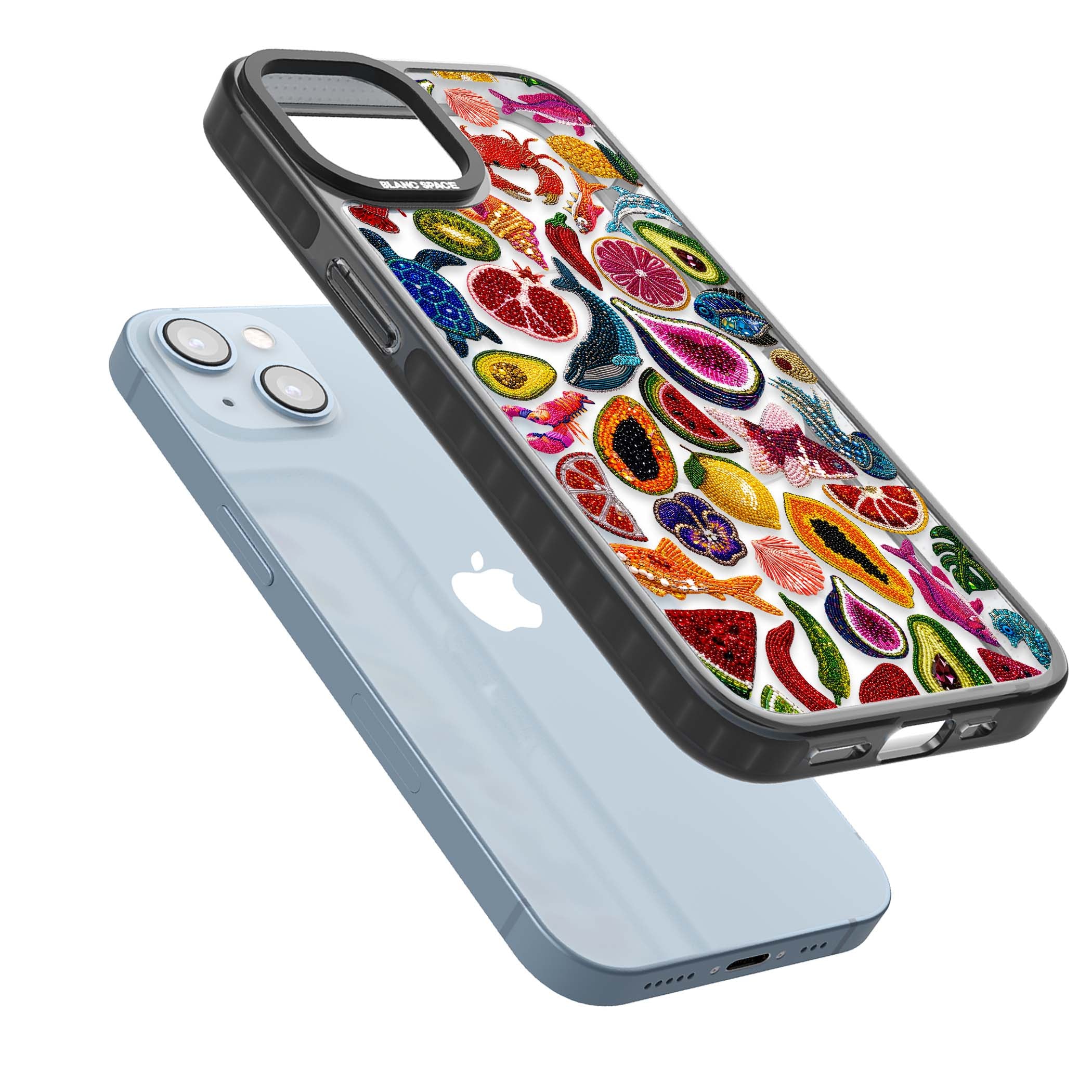 Beaded Tropic tropical iPhone case featuring beaded fruit, fish, crabs and seashells in vibrant colour | Black Impact Magsafe case for iPhone 13, iPhone 14, iPhone 15