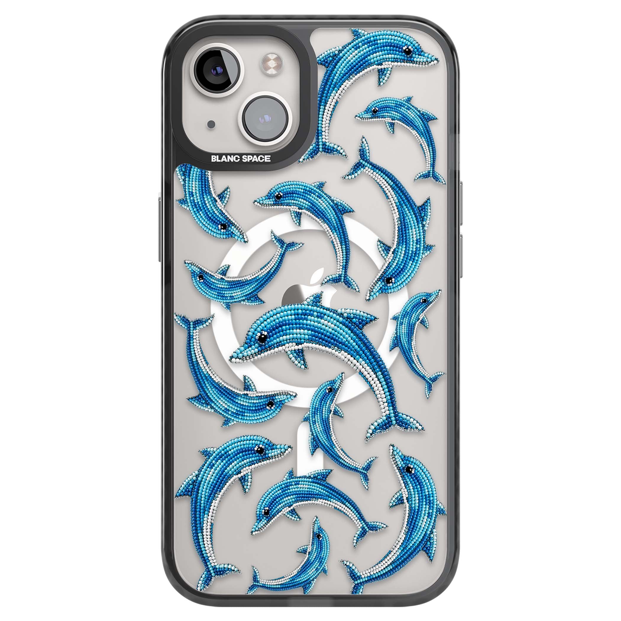 Beaded Dolphins coastal iPhone case featuring beaded dolphins in blue and white swimming across a clear background | Black Impact Magsafe case for iPhone 13, iPhone 14, iPhone 15