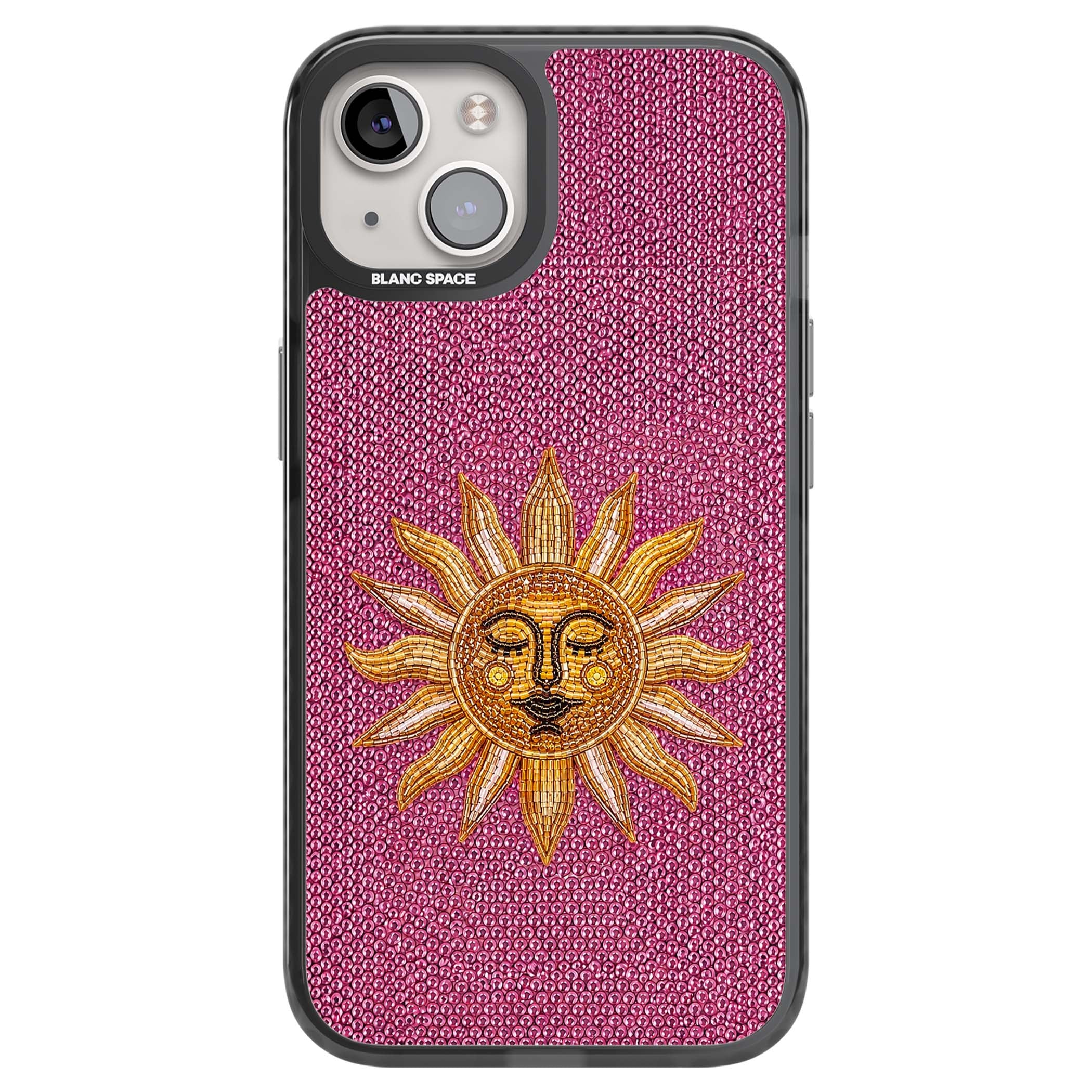 Beaded Sun celestial iPhone case featuring a golden beaded sun face with radiant rays on hot pink beaded background | Black Impact Magsafe case for iPhone 13, iPhone 14, iPhone 15