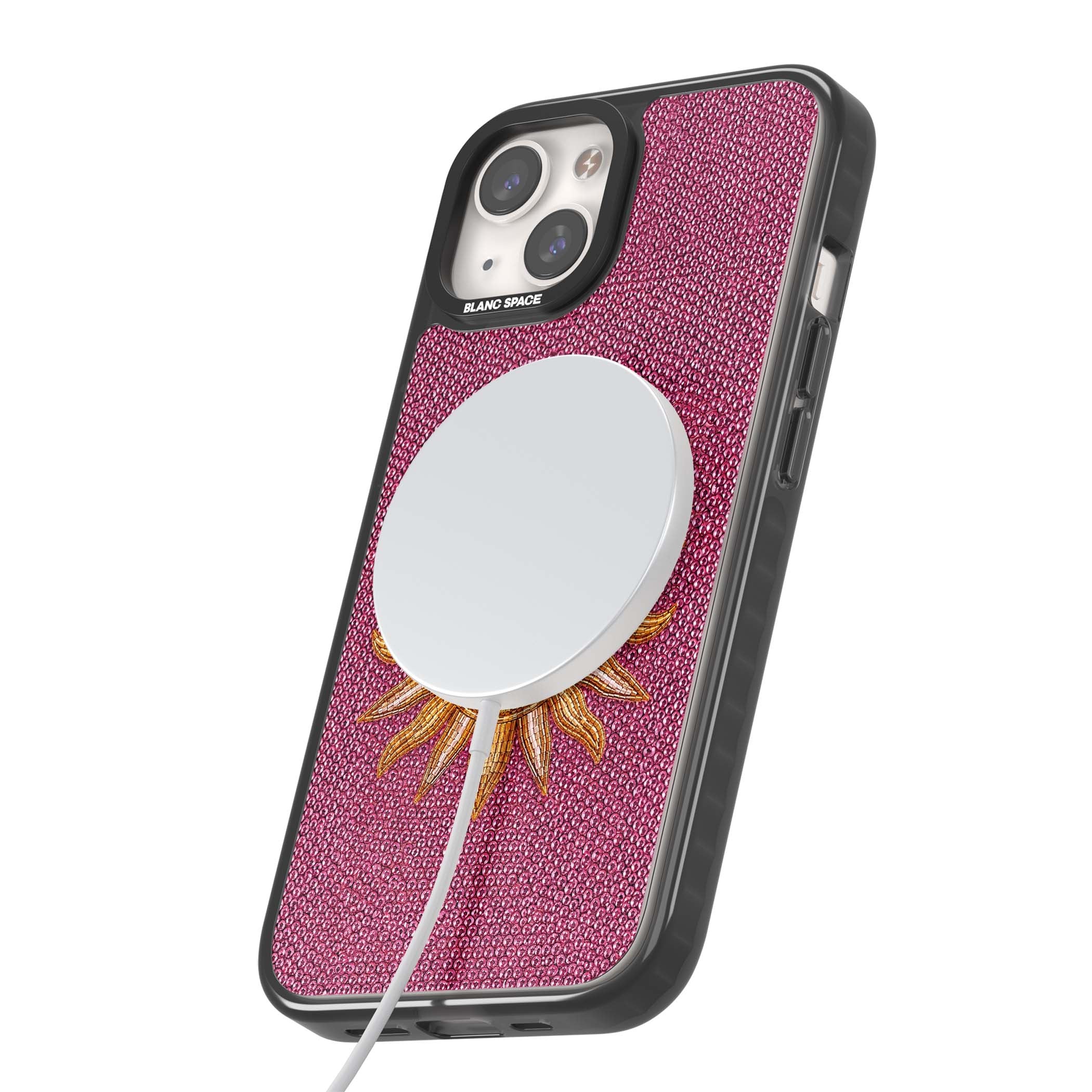 Beaded Sun celestial iPhone case featuring a golden beaded sun face with radiant rays on hot pink beaded background | Black Impact Magsafe case for iPhone 13, iPhone 14, iPhone 15