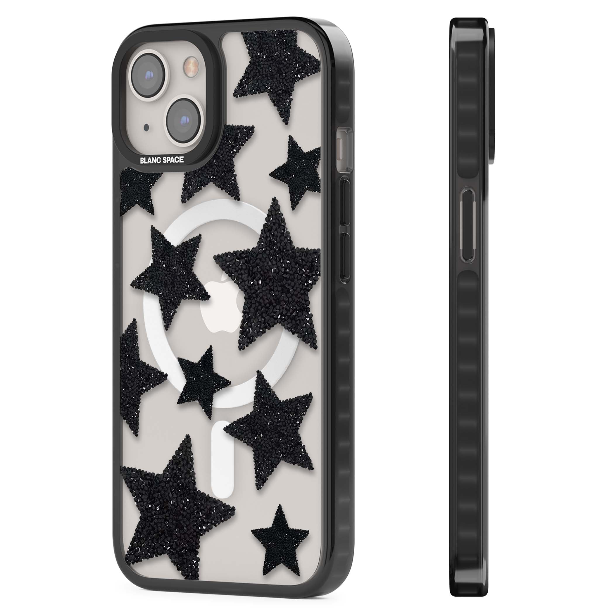 Beaded Black Stars celestial iPhone case featuring black glitter beaded stars scattered on a clear background | Black Impact Magsafe case for iPhone 13, iPhone 14, iPhone 15