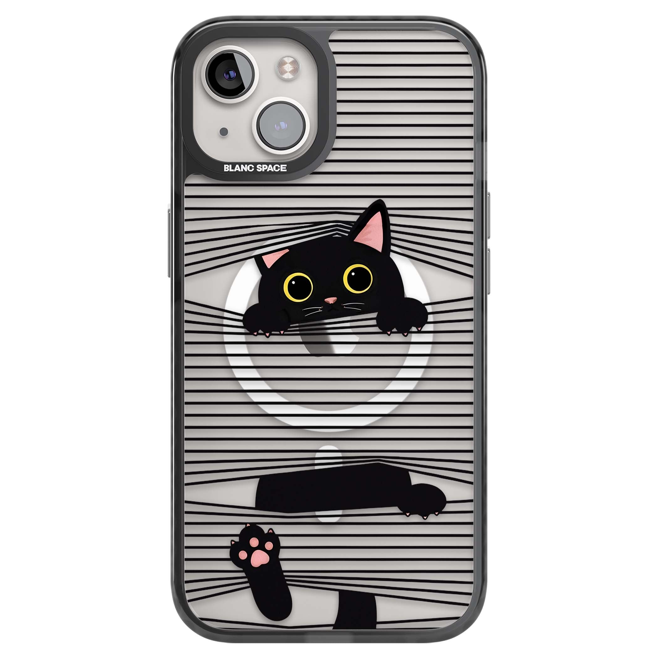 Peek-a-Boo Cat minimal iPhone case featuring black cat peeking through horizontal black and white stripes | Black Impact Magsafe case for iPhone 13, iPhone 14, iPhone 15
