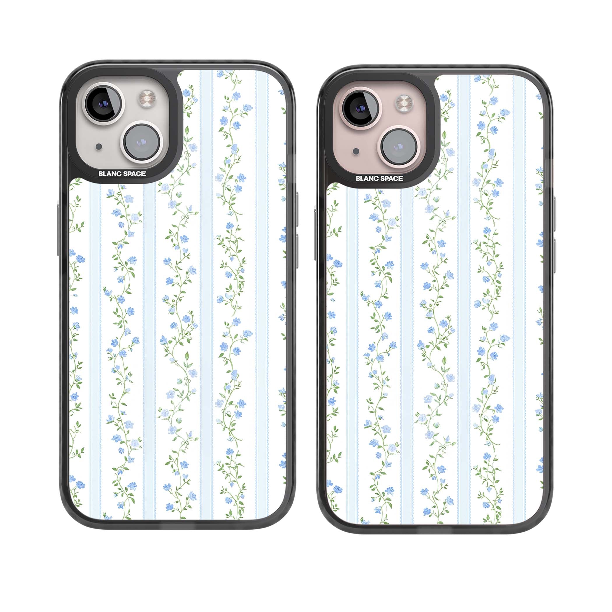 Bluebell Vine cottagecore iPhone case featuring climbing blue roses, trailing green vines, and pale ticking stripes | Black Impact Magsafe case for iPhone 13, iPhone 14, iPhone 15