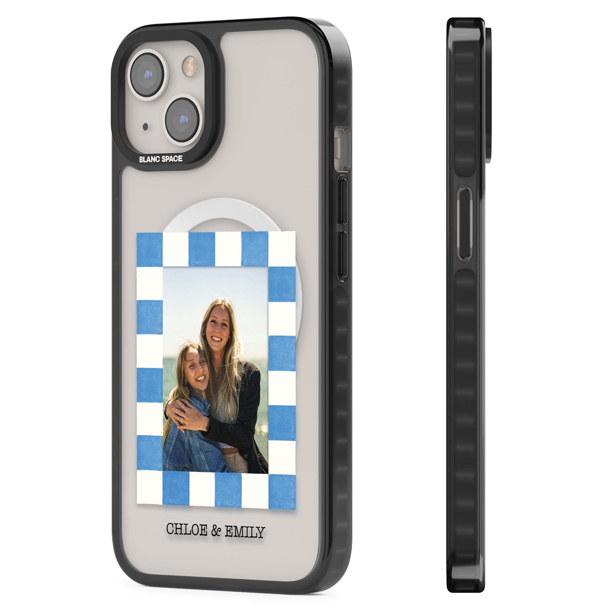 Blue Check Photo personalised photo iPhone case with blue checkered frame and custom couple names | Black Impact Magsafe case for iPhone 13, iPhone 14, iPhone 15