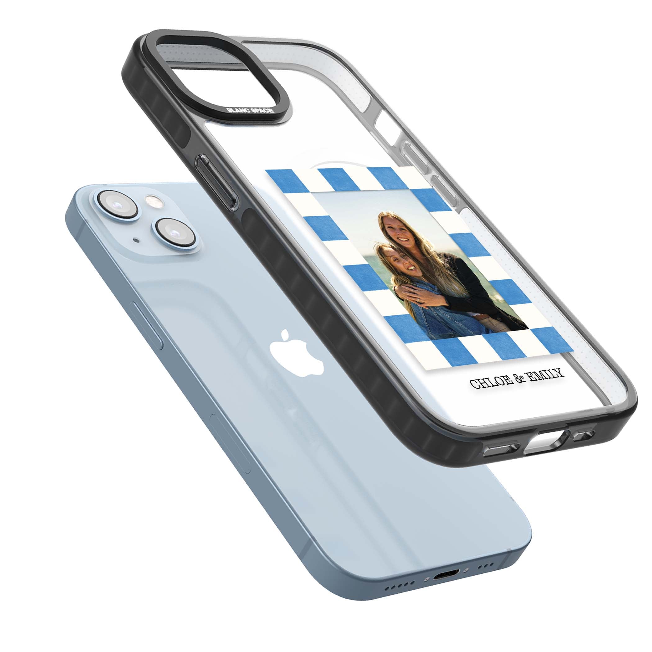 Blue Check Photo personalised photo iPhone case with blue checkered frame and custom couple names | Black Impact Magsafe case for iPhone 13, iPhone 14, iPhone 15