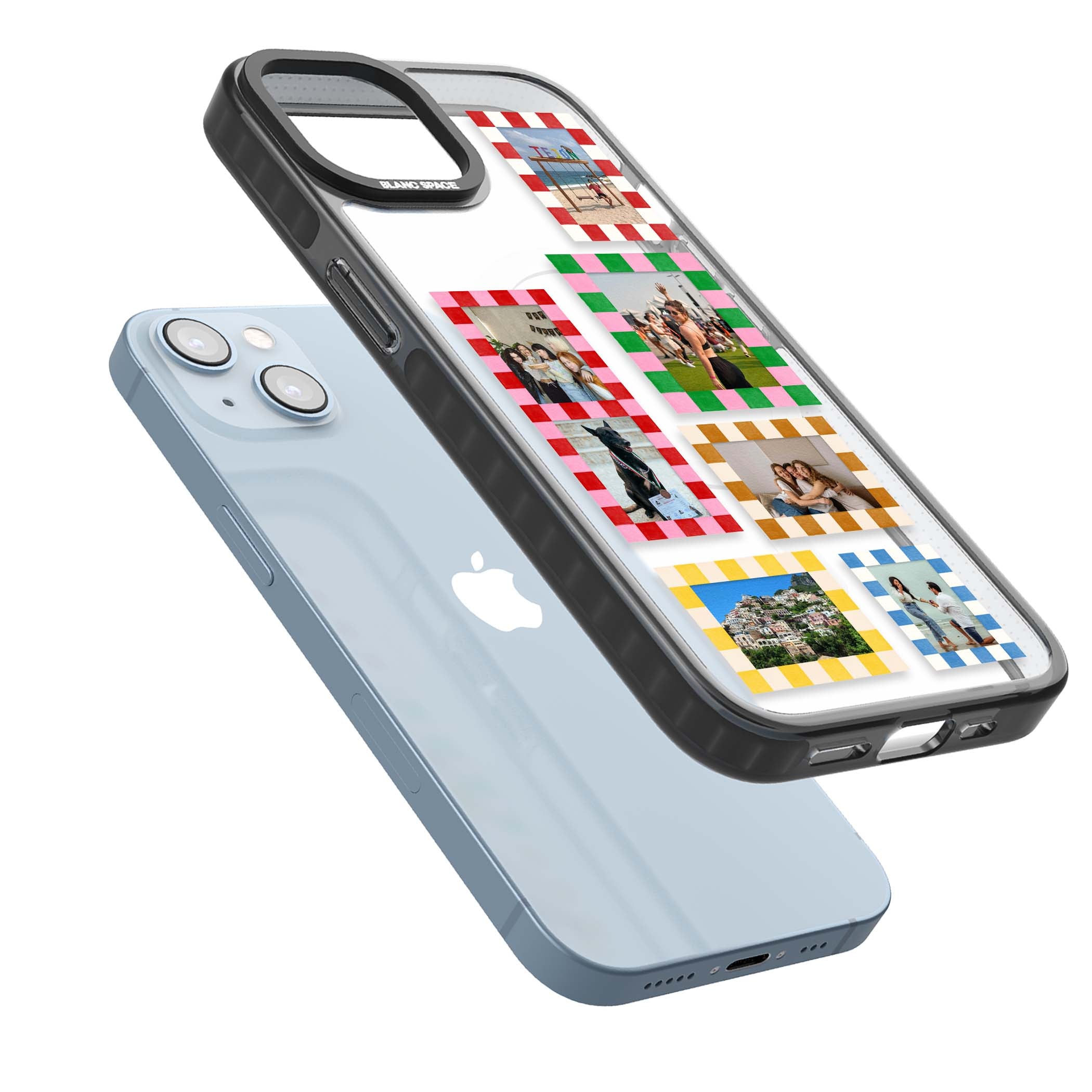 Italian Check Frames custom photo collage iPhone case featuring six checkered photo frames in red, green, pink and | Black Impact Magsafe case for iPhone 13, iPhone 14, iPhone 15