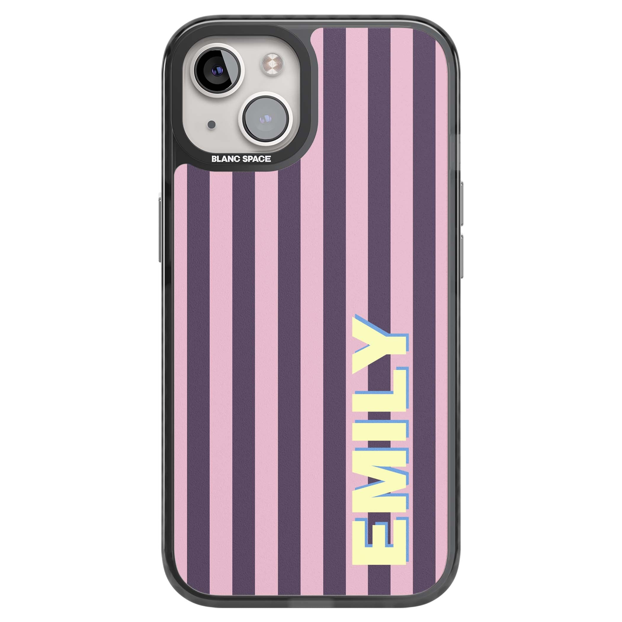 Tyre Stripe personalised stripe iPhone case with plum and pink vertical stripes and custom yellow name | Black Impact Magsafe case for iPhone 13, iPhone 14, iPhone 15