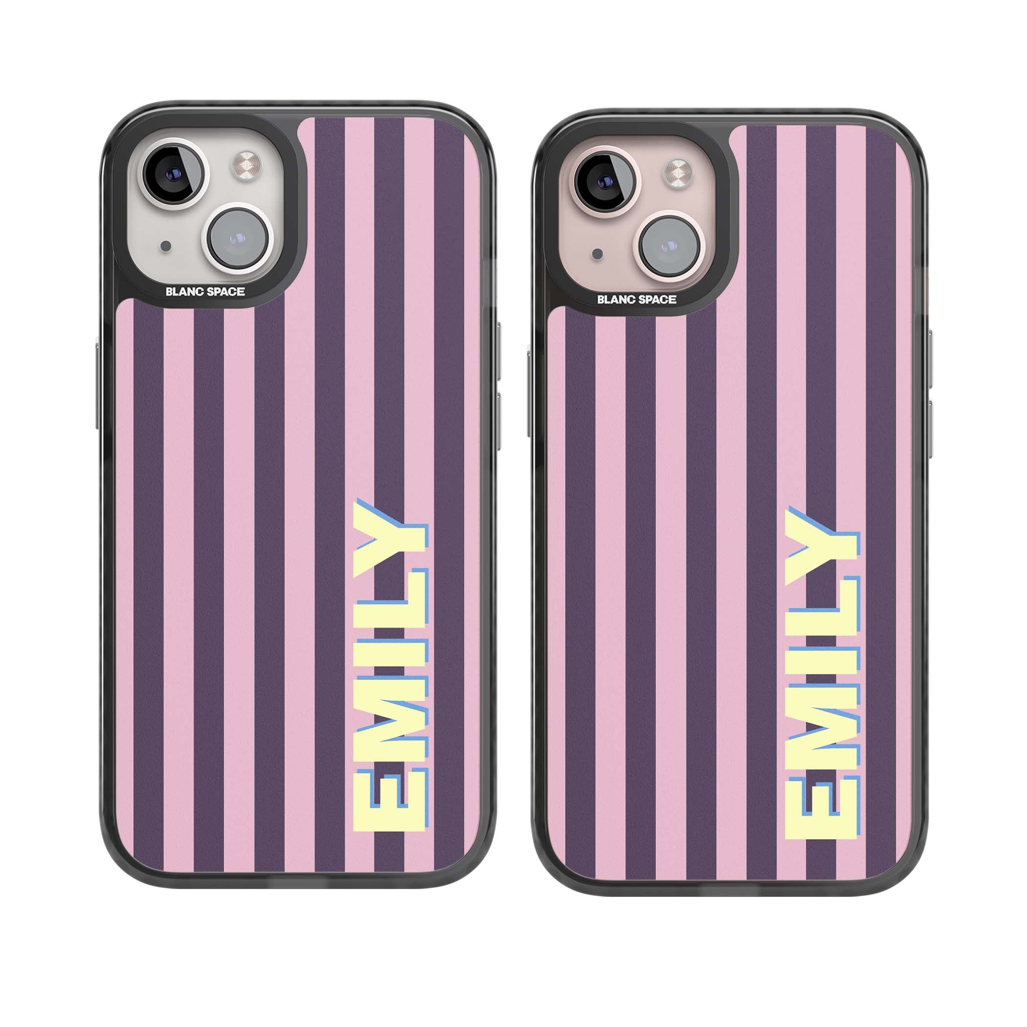 Tyre Stripe personalised stripe iPhone case with plum and pink vertical stripes and custom yellow name | Black Impact Magsafe case for iPhone 13, iPhone 14, iPhone 15
