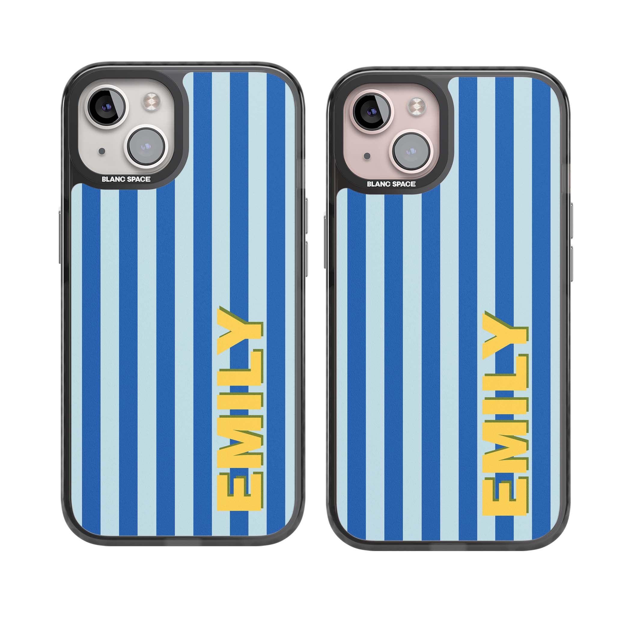Athenian Stripe personalised preppy iPhone case featuring blue vertical stripes and a custom yellow name | Black Impact Magsafe case for iPhone 13, iPhone 14, iPhone 15
