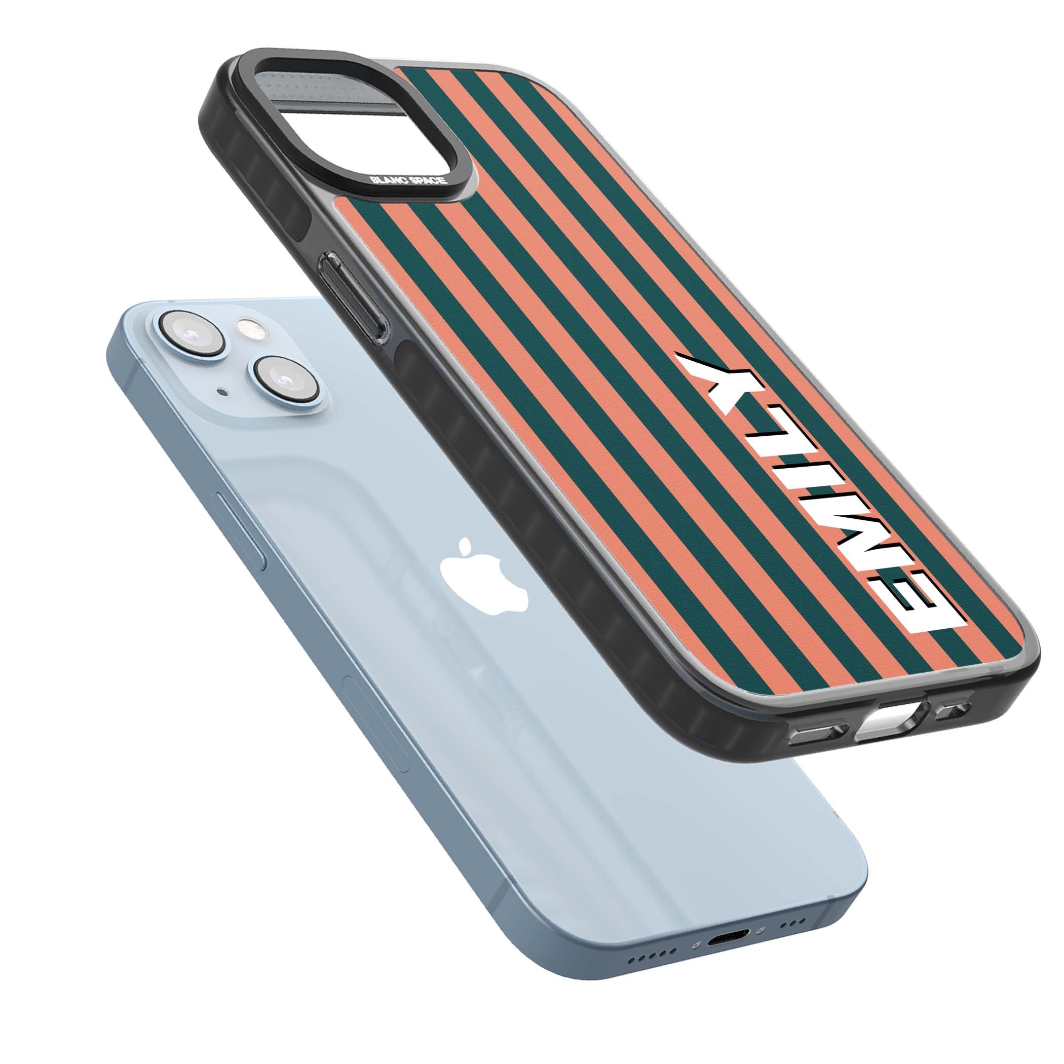 Tuscan Stripe personalised iPhone case featuring coral and green vertical stripes with bold custom name | Black Impact Magsafe case for iPhone 13, iPhone 14, iPhone 15