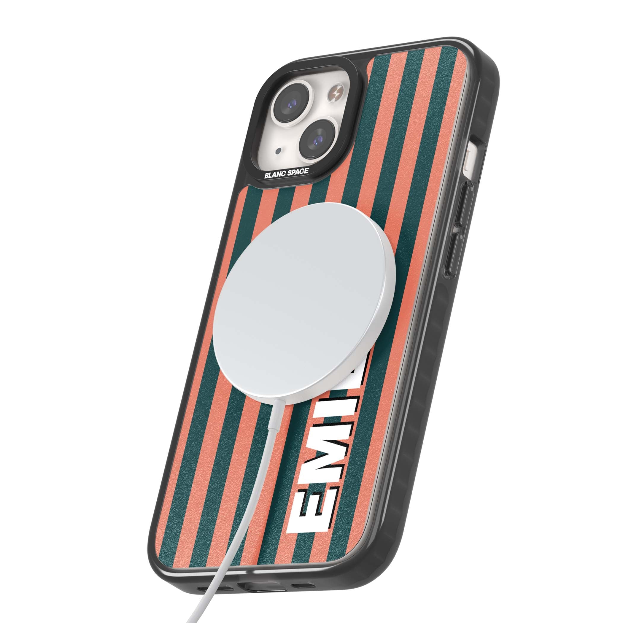Tuscan Stripe personalised iPhone case featuring coral and green vertical stripes with bold custom name | Black Impact Magsafe case for iPhone 13, iPhone 14, iPhone 15