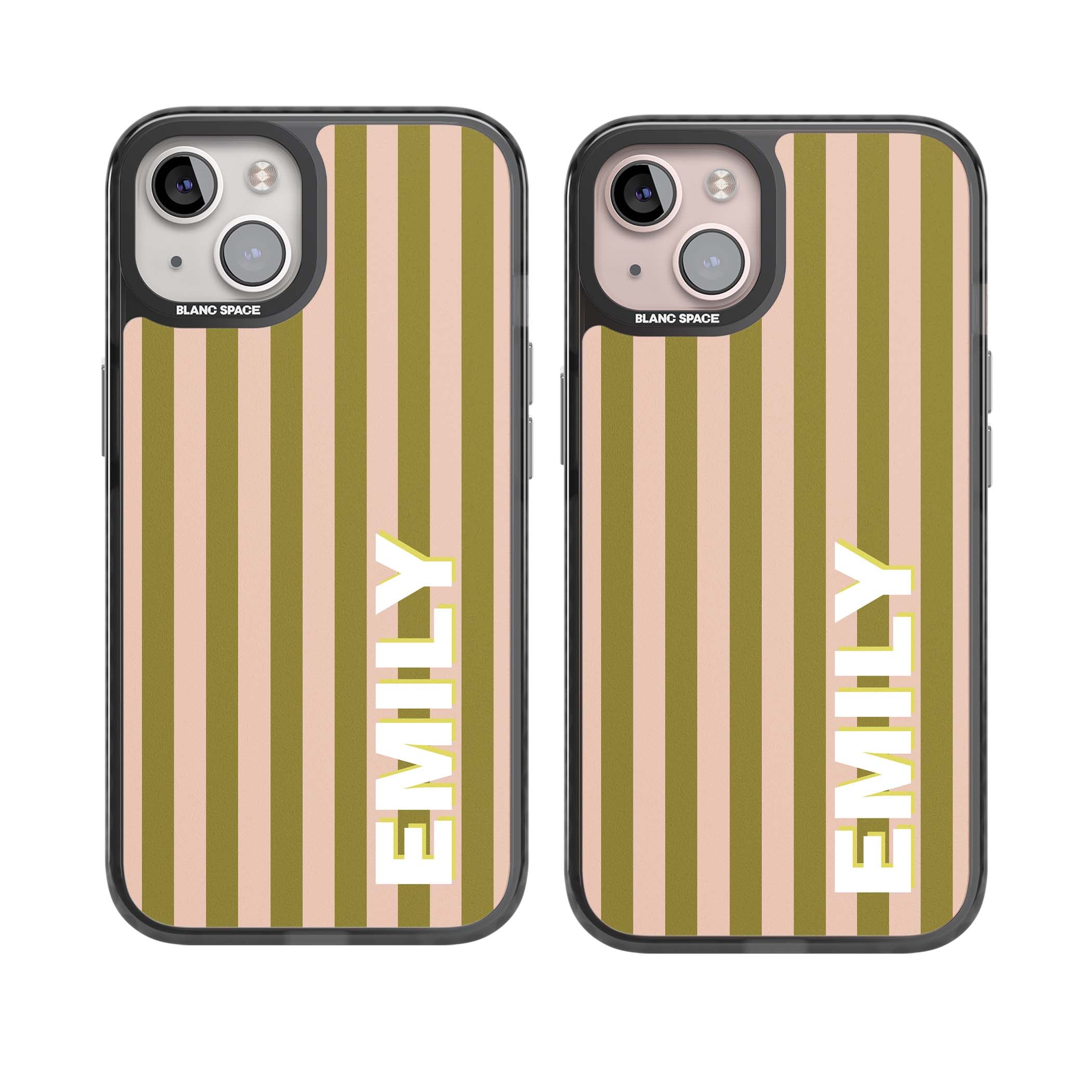 Indian Stripe personalised iPhone case featuring olive green and blush pink vertical stripes with custom name in whit | Black Impact Magsafe case for iPhone 13, iPhone 14, iPhone 15