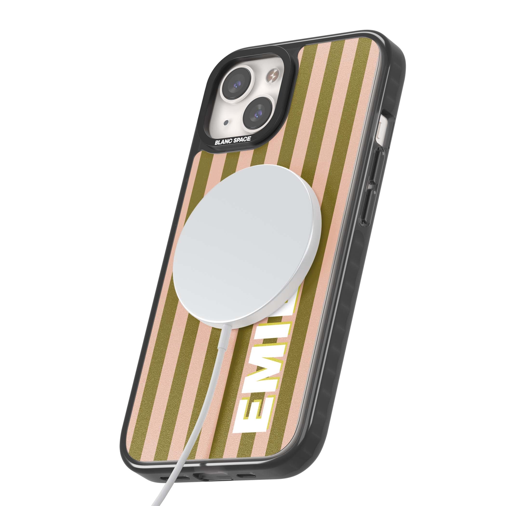 Indian Stripe personalised iPhone case featuring olive green and blush pink vertical stripes with custom name in whit | Black Impact Magsafe case for iPhone 13, iPhone 14, iPhone 15