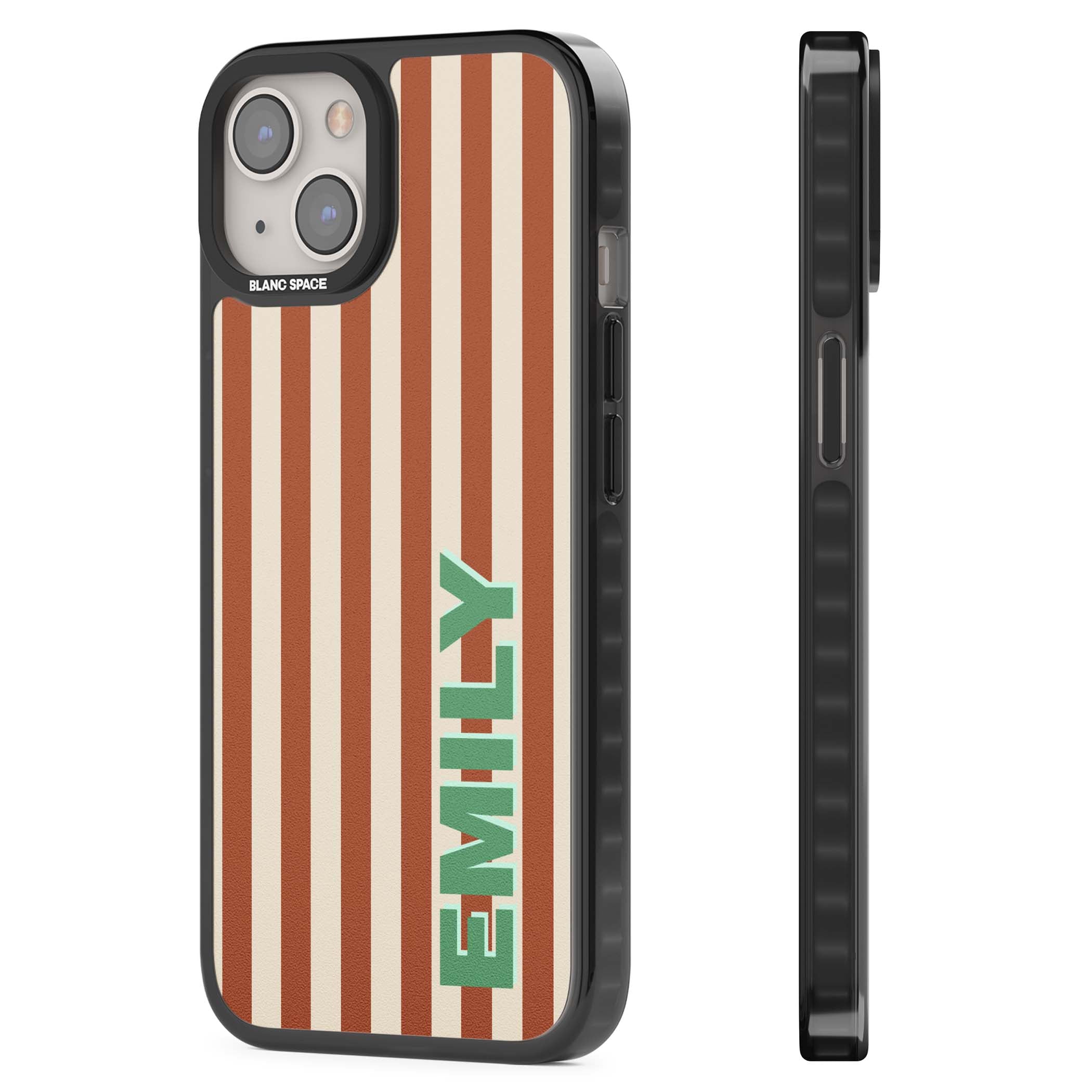 Dune Stripe personalised iPhone case with rust and cream vertical stripes and custom name in mint green | Black Impact Magsafe case for iPhone 13, iPhone 14, iPhone 15