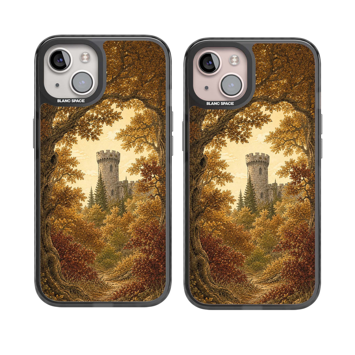 Autumn Keep cottagecore iPhone case featuring a medieval castle tower framed by golden autumn trees and woodland foliage | Black Impact Magsafe case for iPhone 13, iPhone 14, iPhone 15