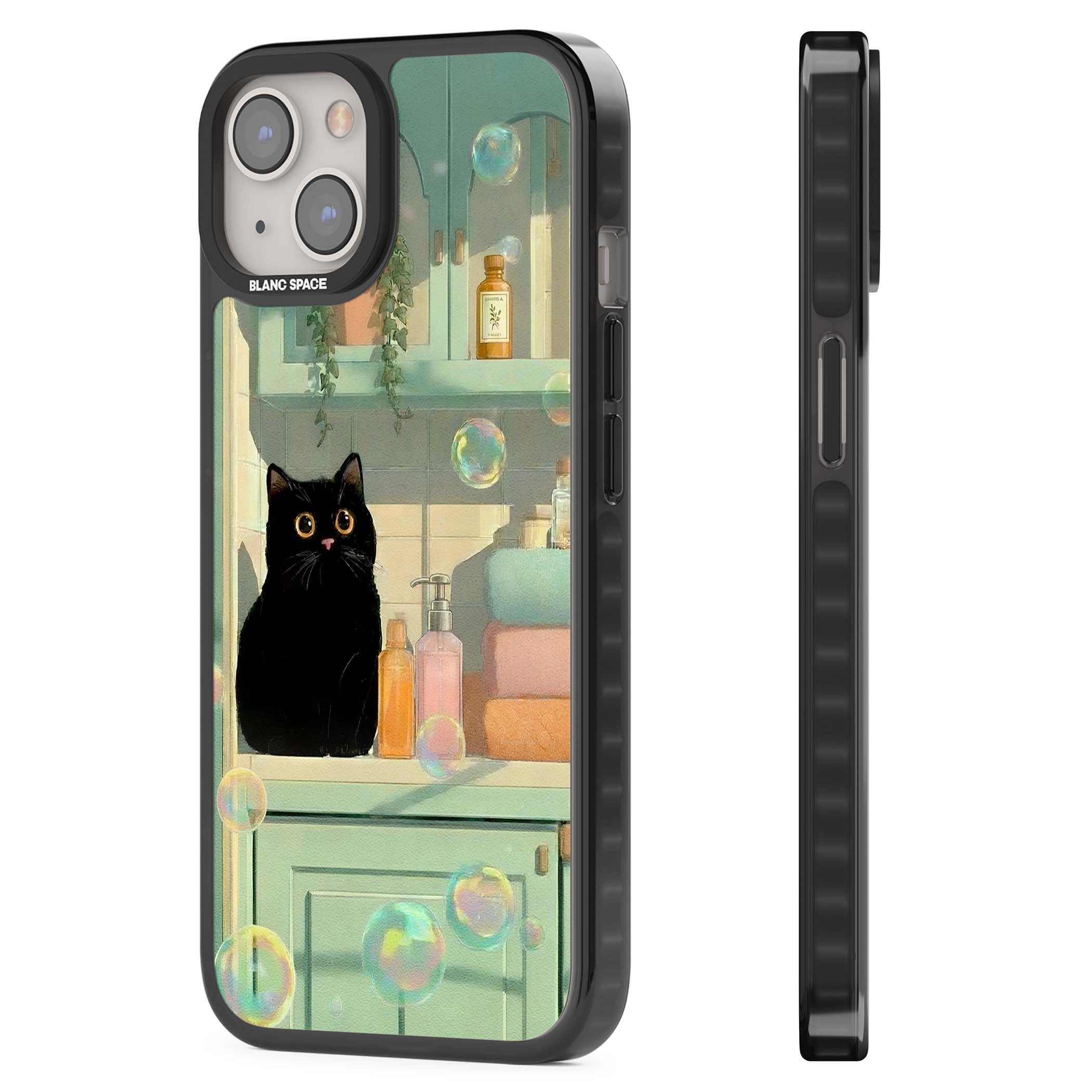 Bathroom Bubble Kitty cottagecore iPhone case featuring a black cat, mint bathroom scene and floating soap bubbles | Black Impact Magsafe case for iPhone 13, iPhone 14, iPhone 15