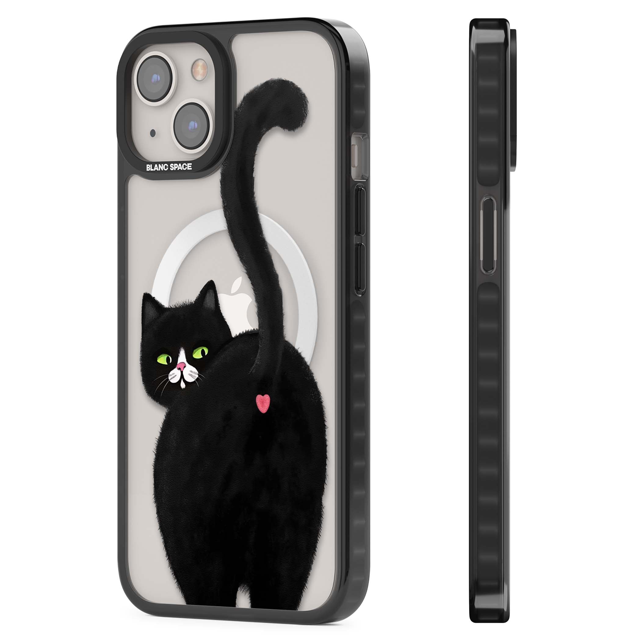 The Cat's Kiss cute cat iPhone case featuring a hand-painted tuxedo kitty with green eyes and a pink heart on a clear | Black Impact Magsafe case for iPhone 13, iPhone 14, iPhone 15
