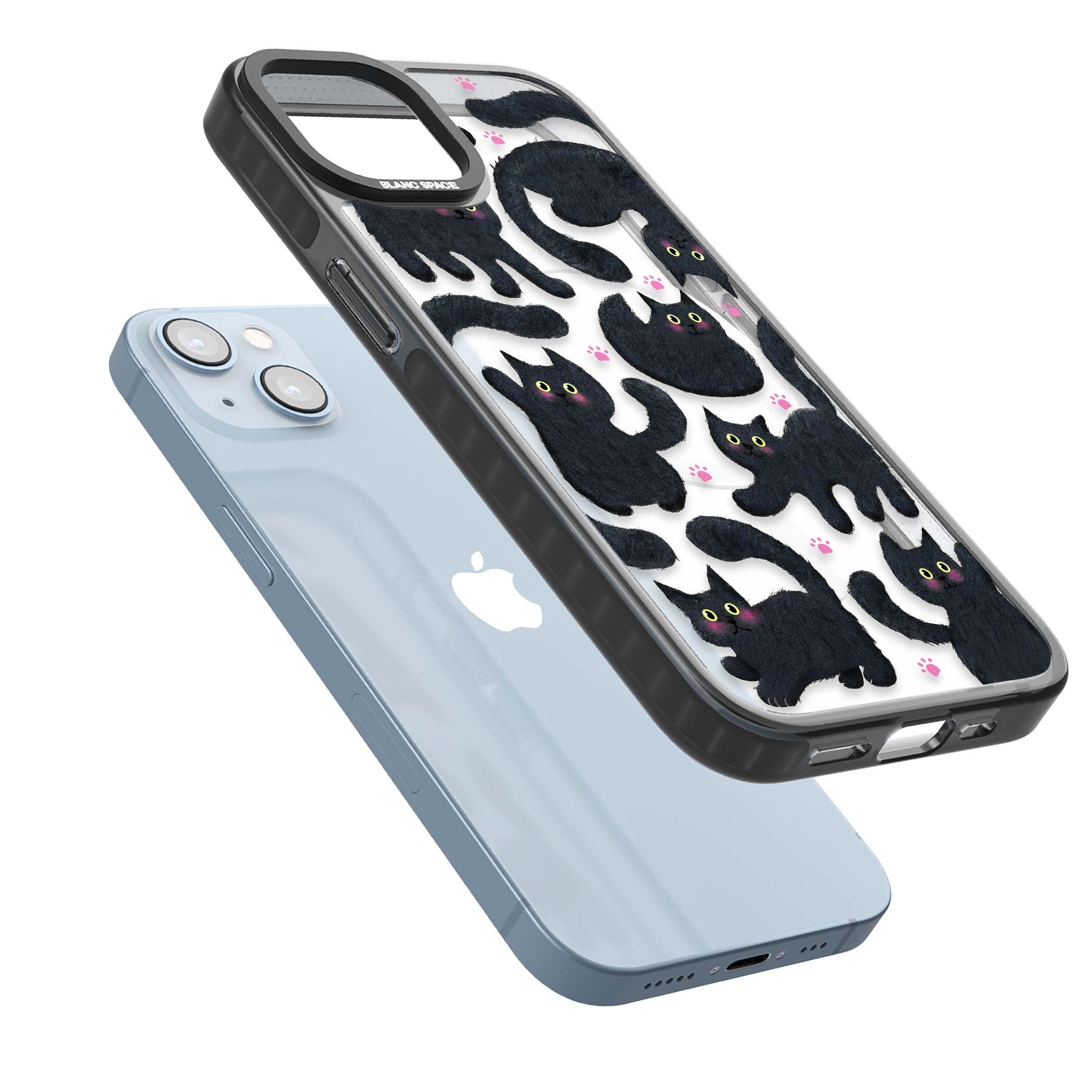 Midnight Cats cute iPhone case featuring black cat pattern with yellow eyes and pink paw prints | Black Impact Magsafe case for iPhone 13, iPhone 14, iPhone 15
