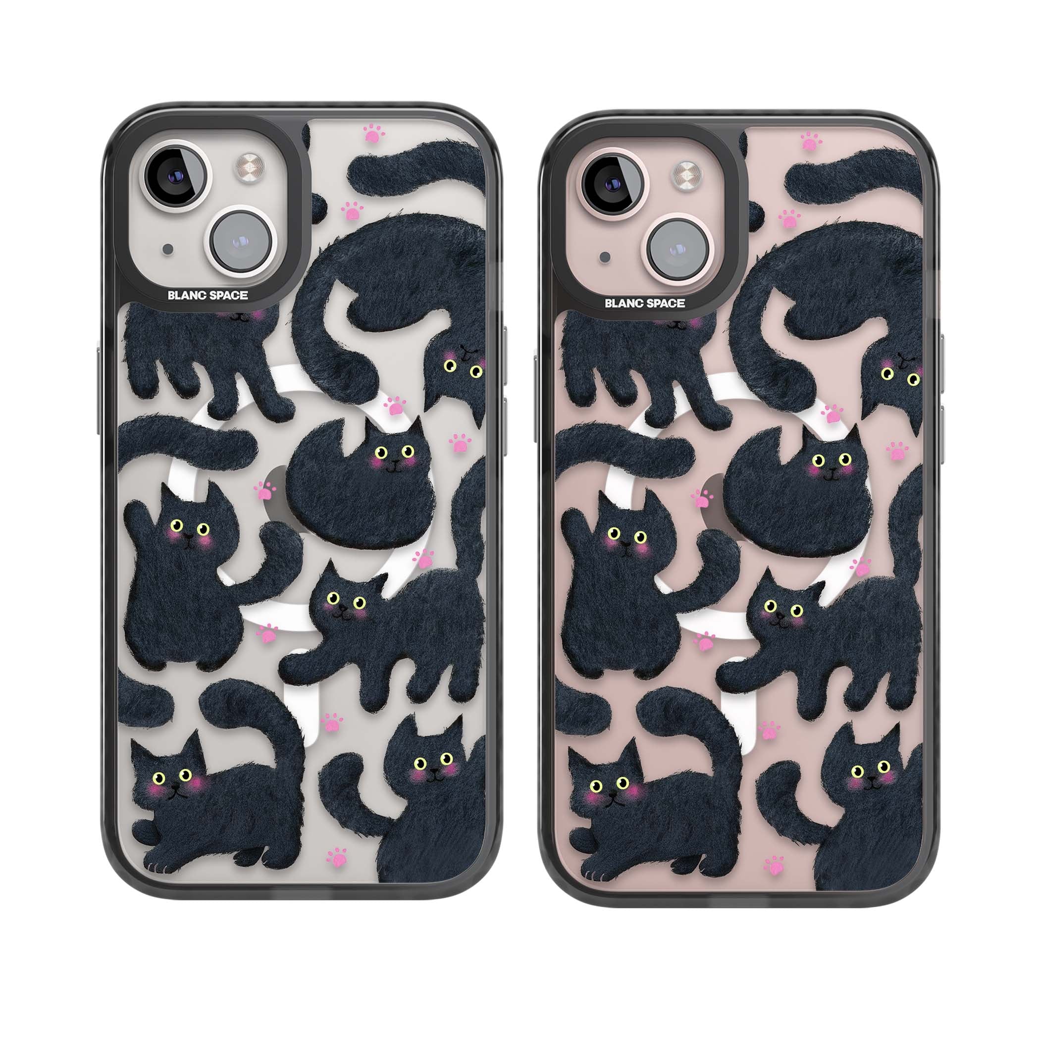 Midnight Cats cute iPhone case featuring black cat pattern with yellow eyes and pink paw prints | Black Impact Magsafe case for iPhone 13, iPhone 14, iPhone 15