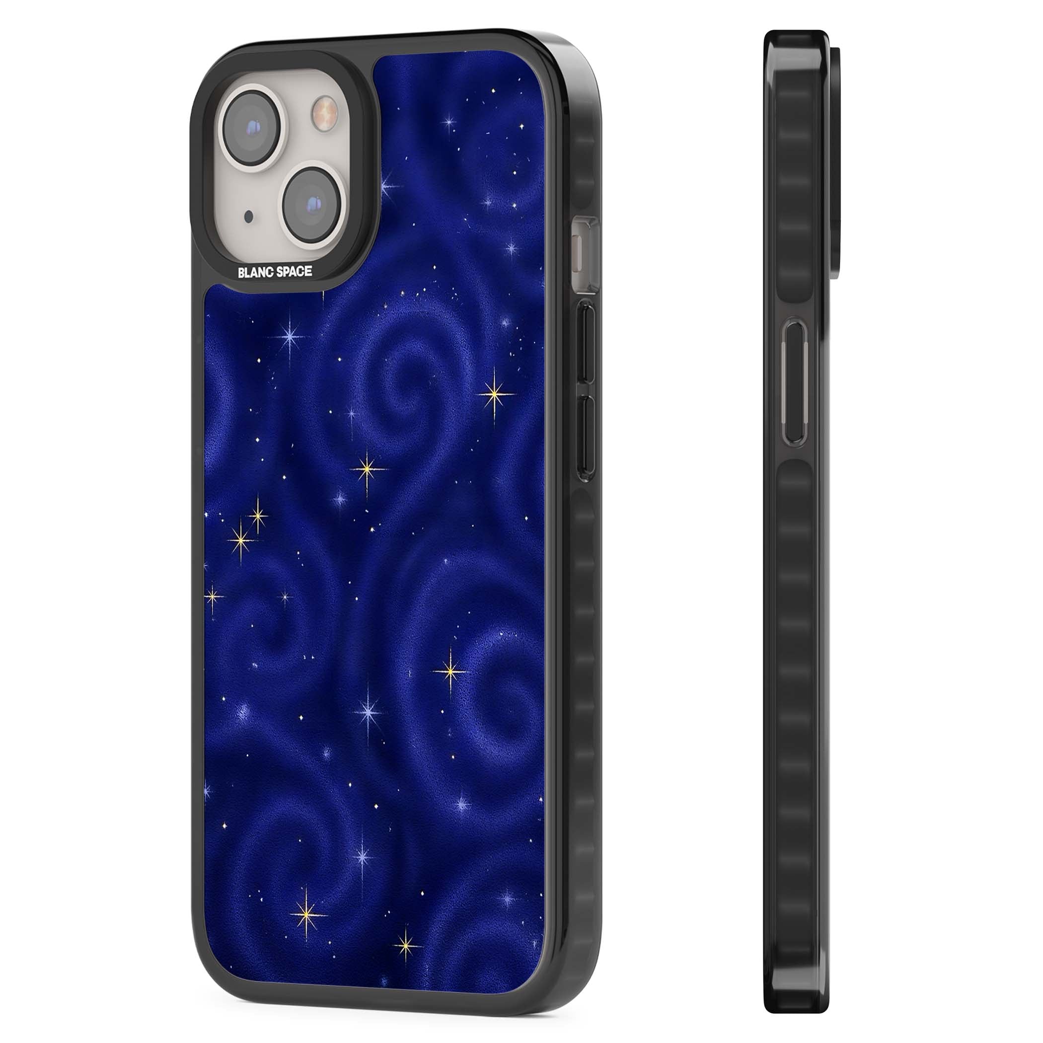 Indigo Cosmos celestial iPhone case featuring swirling navy night sky and sparkling golden stars | Black Impact Magsafe case for iPhone 13, iPhone 14, iPhone 15