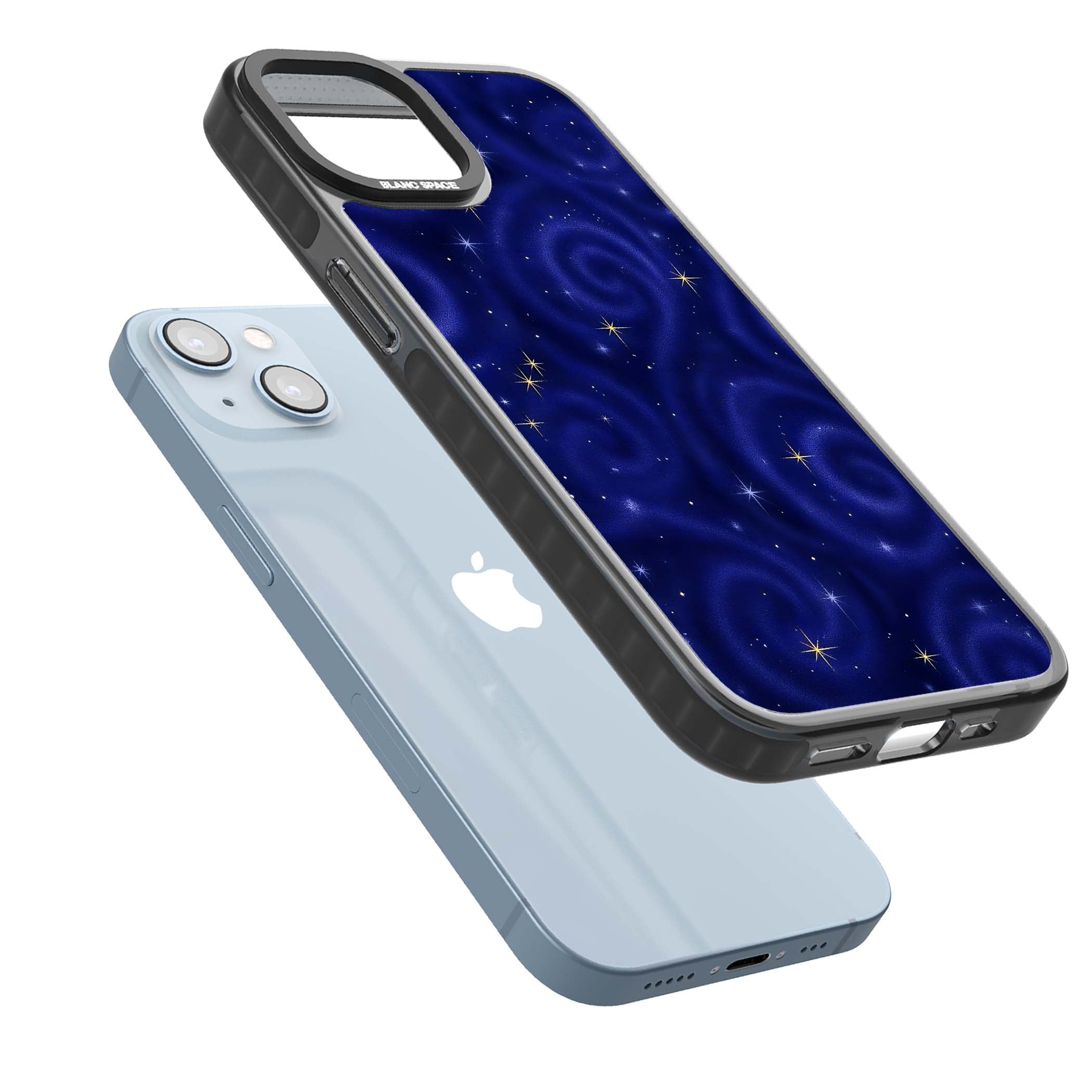 Indigo Cosmos celestial iPhone case featuring swirling navy night sky and sparkling golden stars | Black Impact Magsafe case for iPhone 13, iPhone 14, iPhone 15