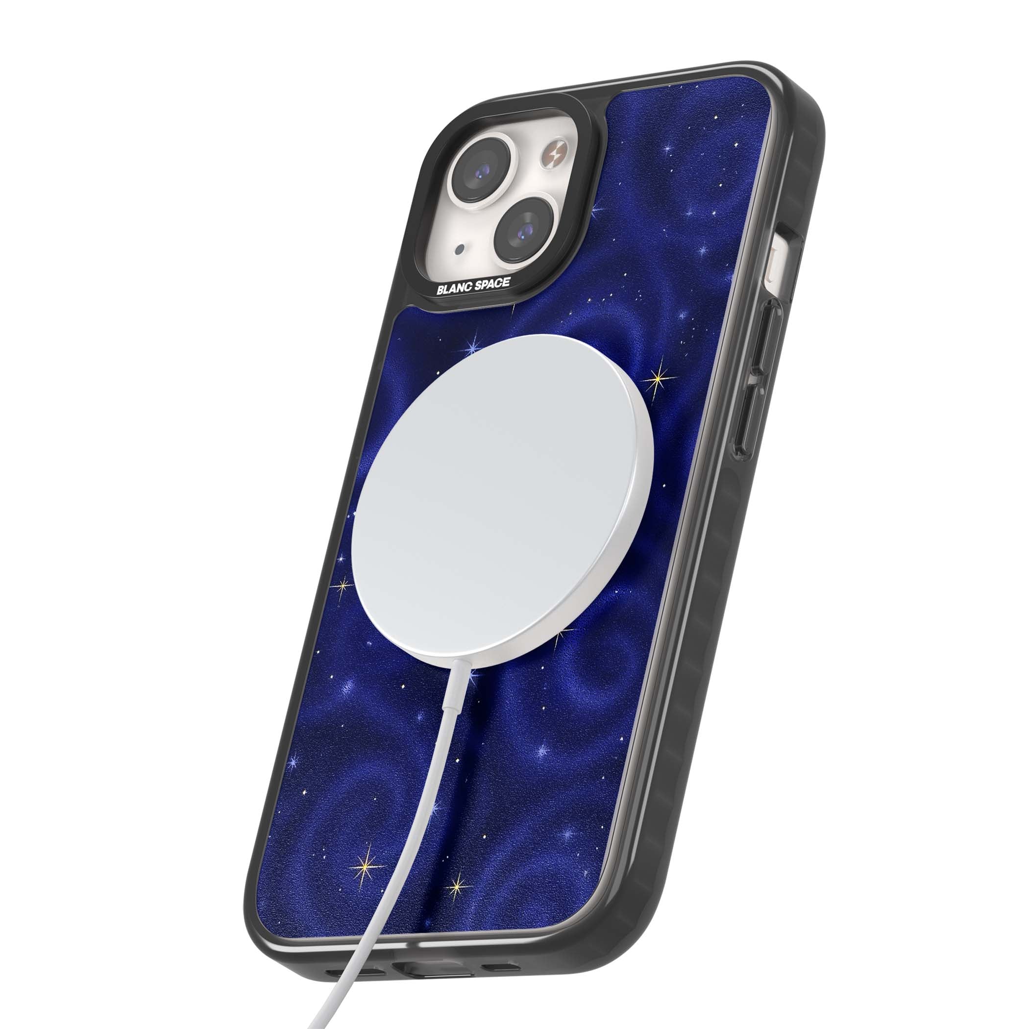 Indigo Cosmos celestial iPhone case featuring swirling navy night sky and sparkling golden stars | Black Impact Magsafe case for iPhone 13, iPhone 14, iPhone 15