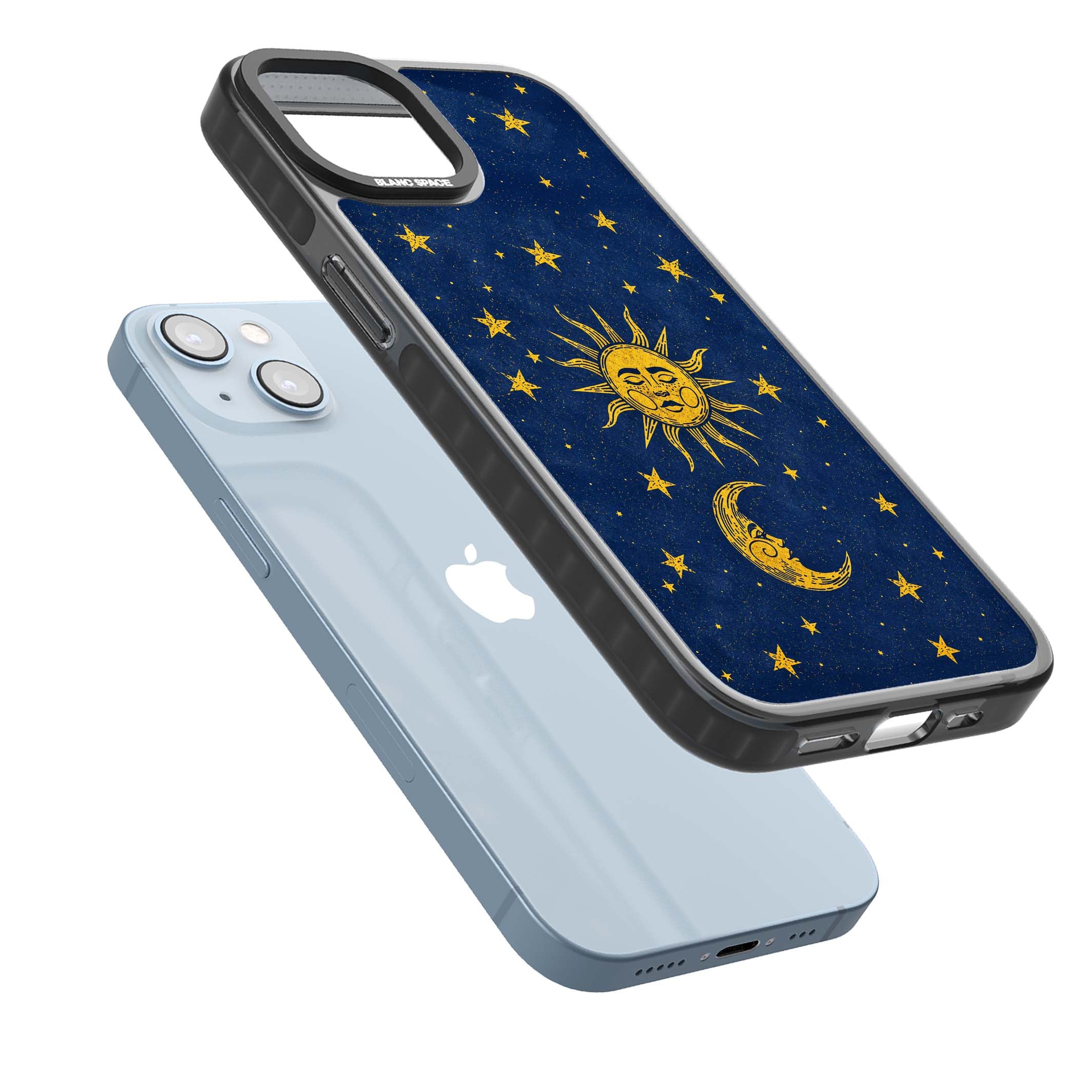 Sun & Moon Reverie celestial iPhone case featuring a vintage golden sun, crescent moon and scattered stars on midnight blue | Black Impact Magsafe case for iPhone 13, iPhone 14, iPhone 15
