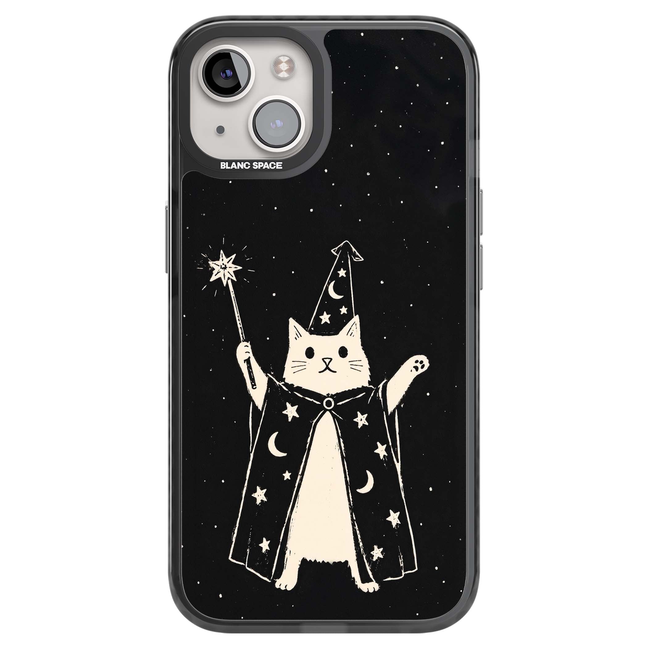 Whisker Wizard celestial cat iPhone case featuring a wizard cat with magic wand, starry night sky and crescent moons | Black Impact Magsafe case for iPhone 13, iPhone 14, iPhone 15