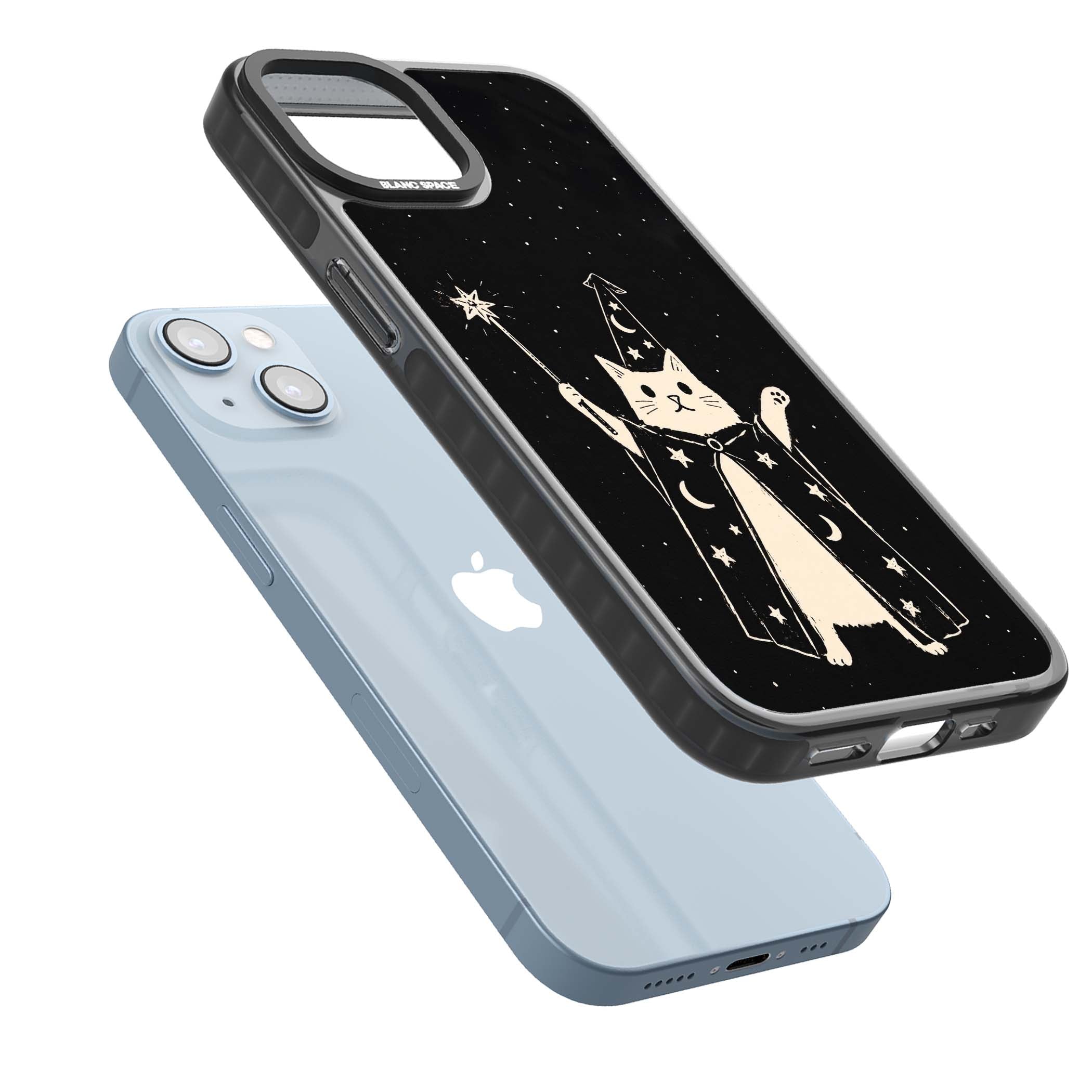 Whisker Wizard celestial cat iPhone case featuring a wizard cat with magic wand, starry night sky and crescent moons | Black Impact Magsafe case for iPhone 13, iPhone 14, iPhone 15