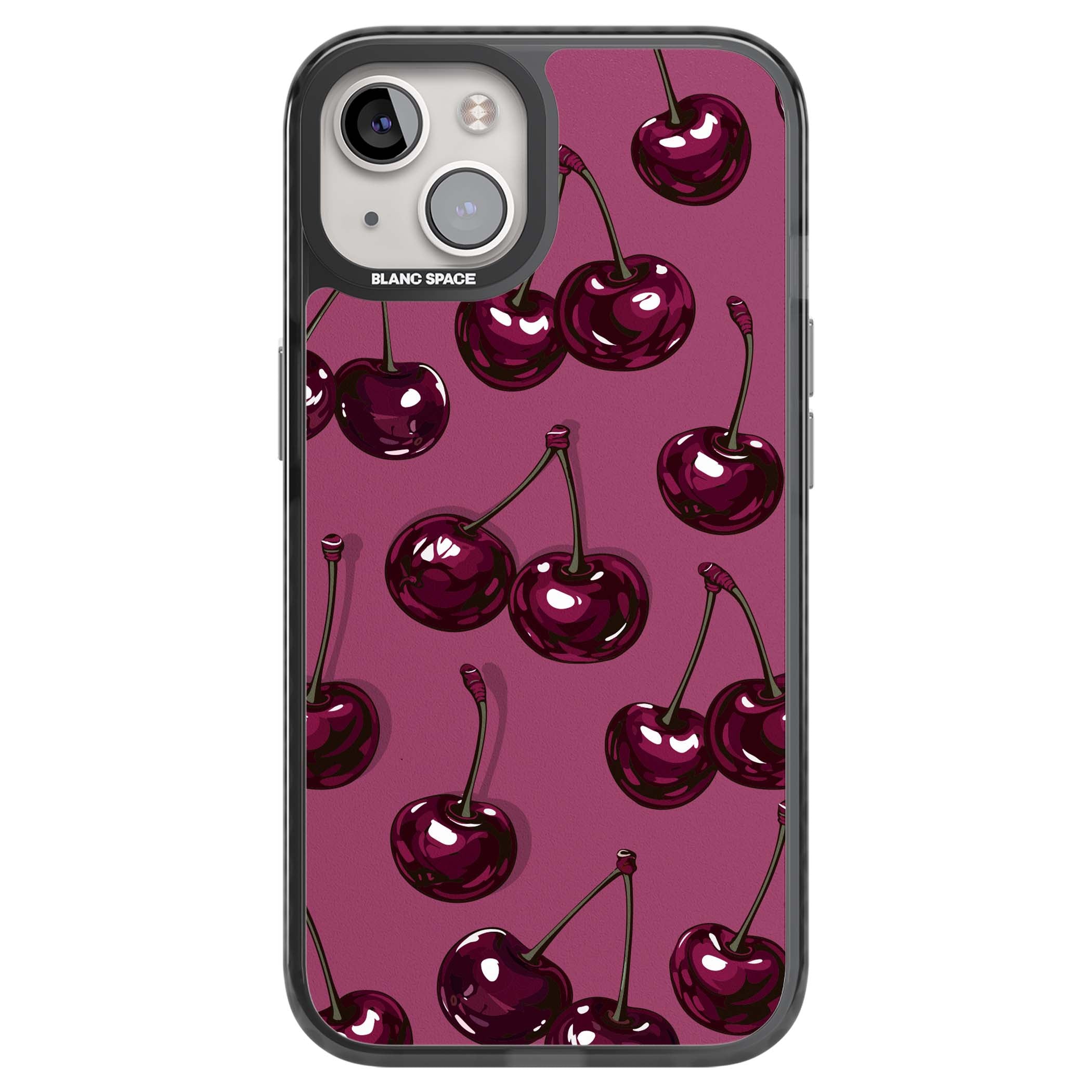 Cherry Soda coquette iPhone case featuring glossy burgundy cherries on a dusty pink background | Black Impact Magsafe case for iPhone 13, iPhone 14, iPhone 15