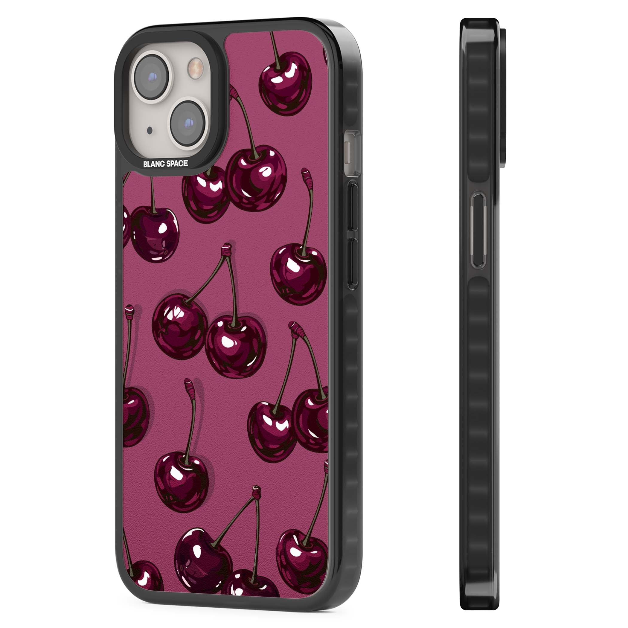 Cherry Soda coquette iPhone case featuring glossy burgundy cherries on a dusty pink background | Black Impact Magsafe case for iPhone 13, iPhone 14, iPhone 15